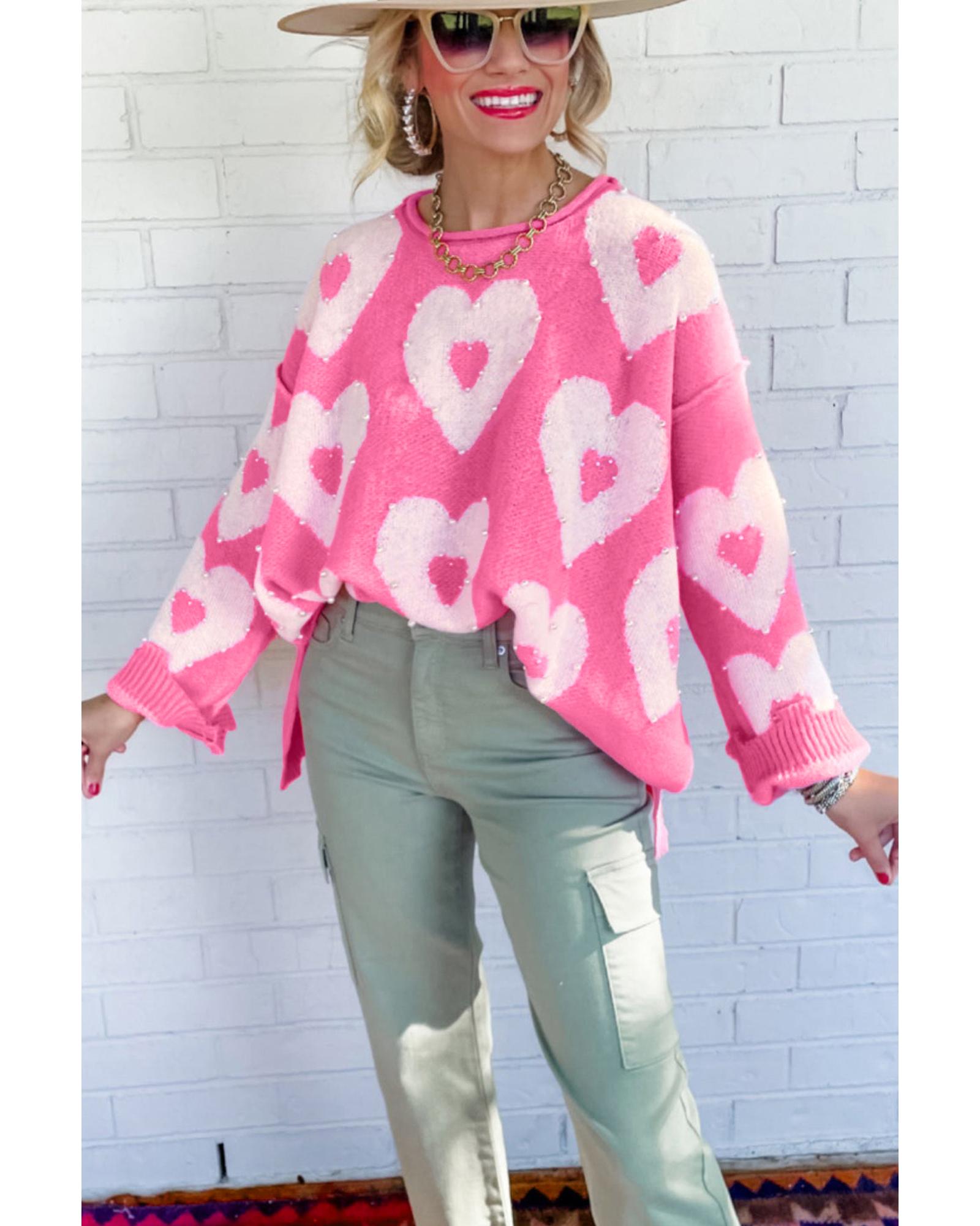 Bonbon Pearl Beaded Heart Drop Shoulder Sweater - M