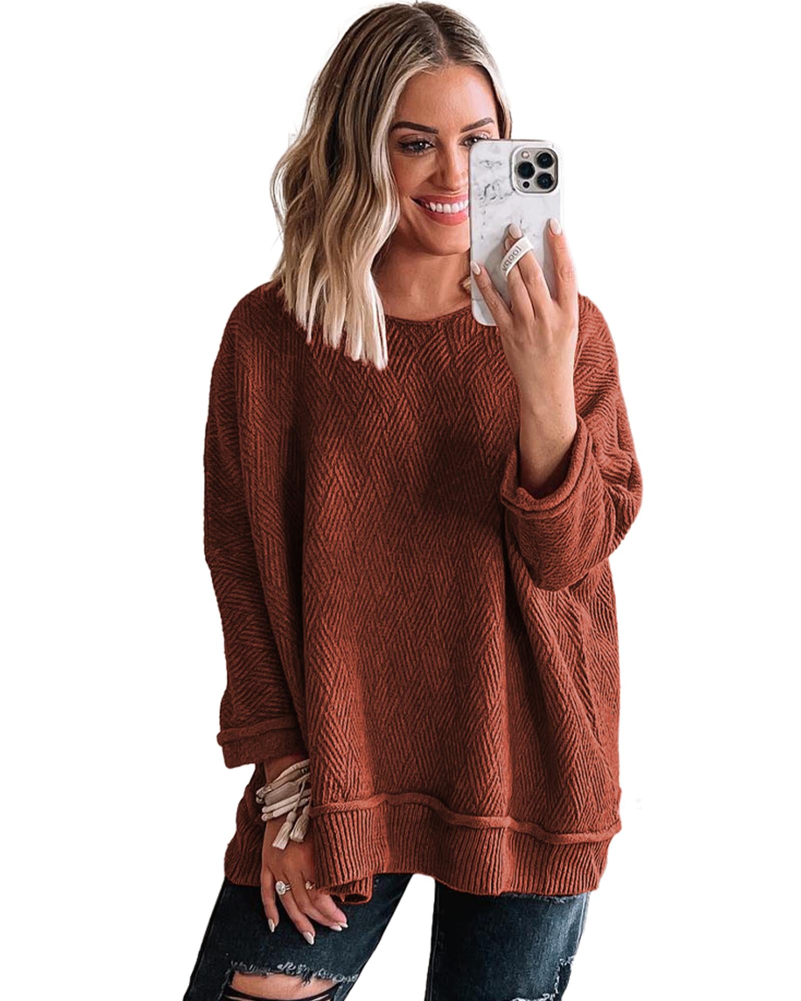 Gold Flame Solid Color Textured Crew Neck Loose Sweater - L