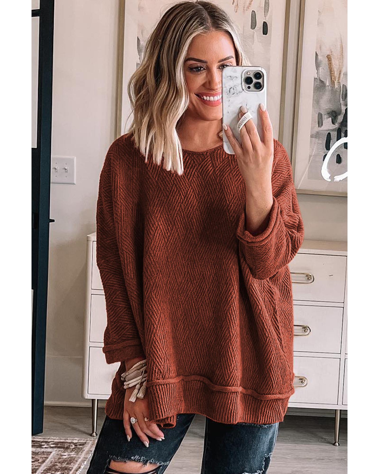Gold Flame Solid Color Textured Crew Neck Loose Sweater - L