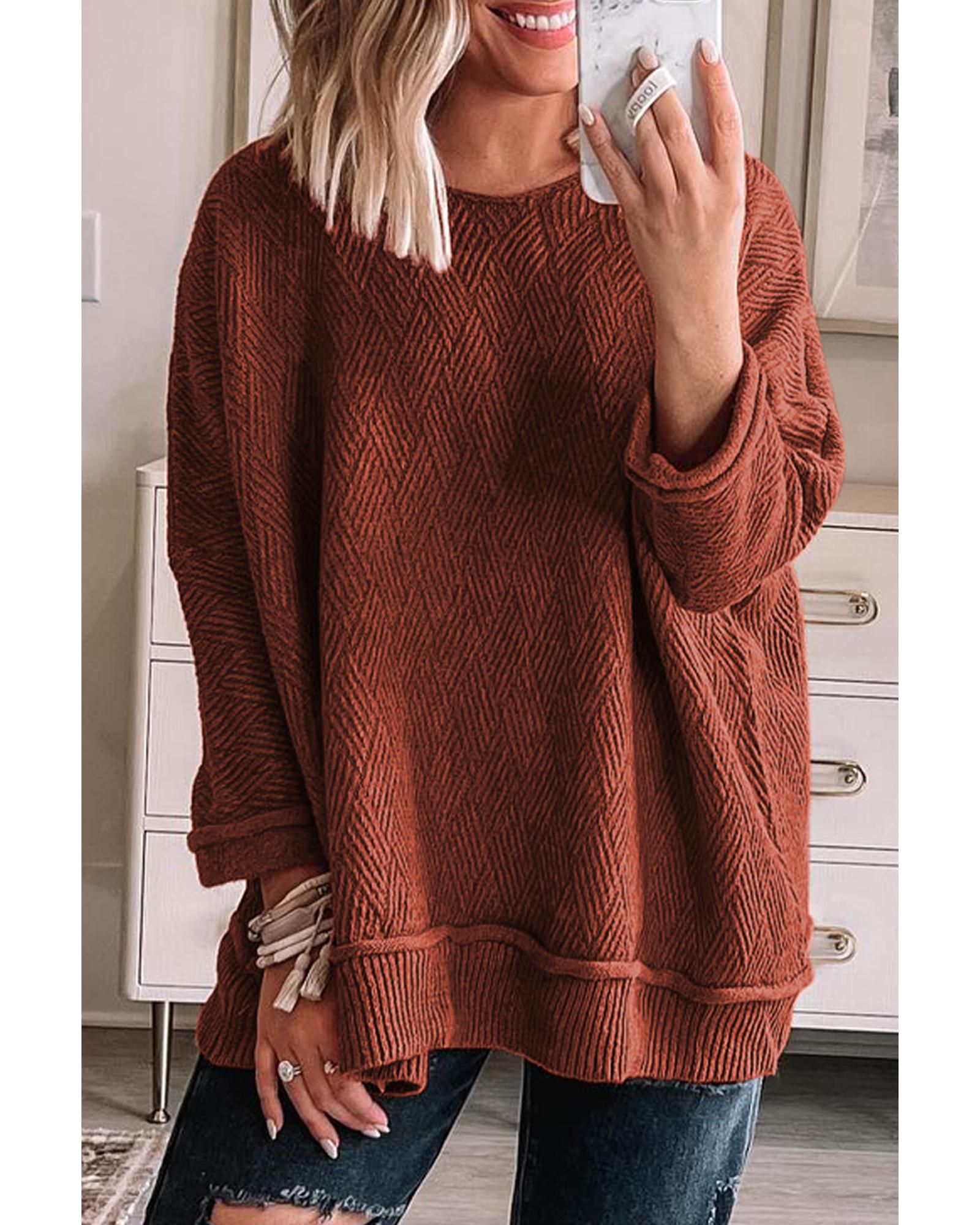 Gold Flame Solid Color Textured Crew Neck Loose Sweater - L