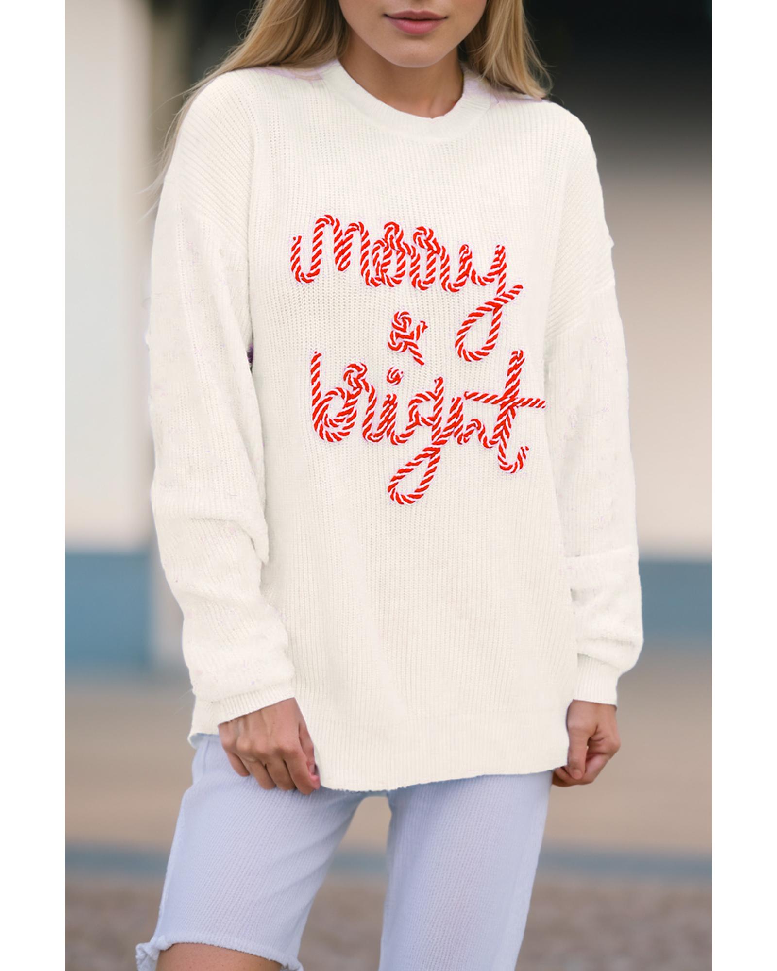 White Striped Merry Bright Letter Christmas Sweater - M