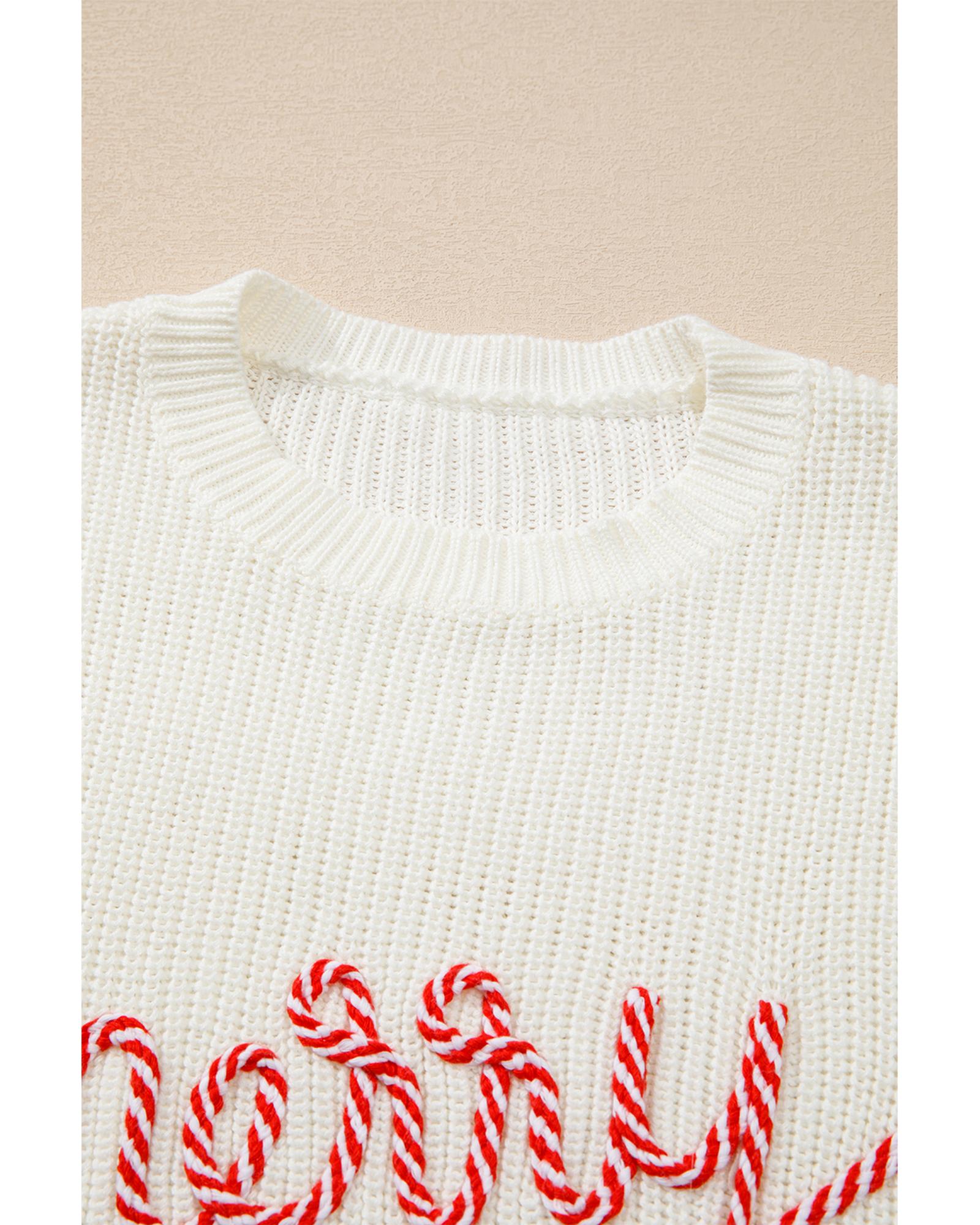 White Striped Merry Bright Letter Christmas Sweater - S