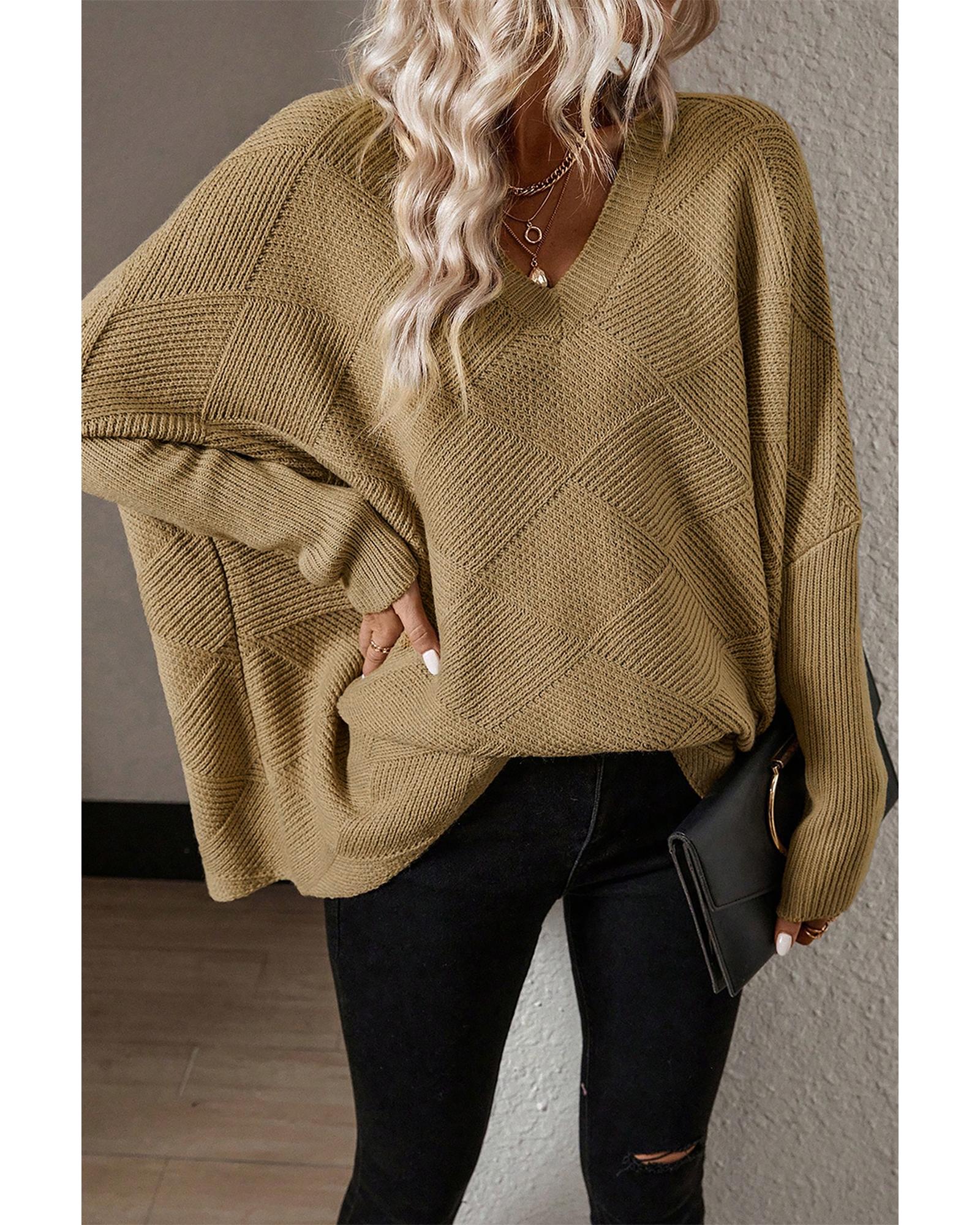 Camel Checkered Textured Batwing Sleeve Sweater - XL
