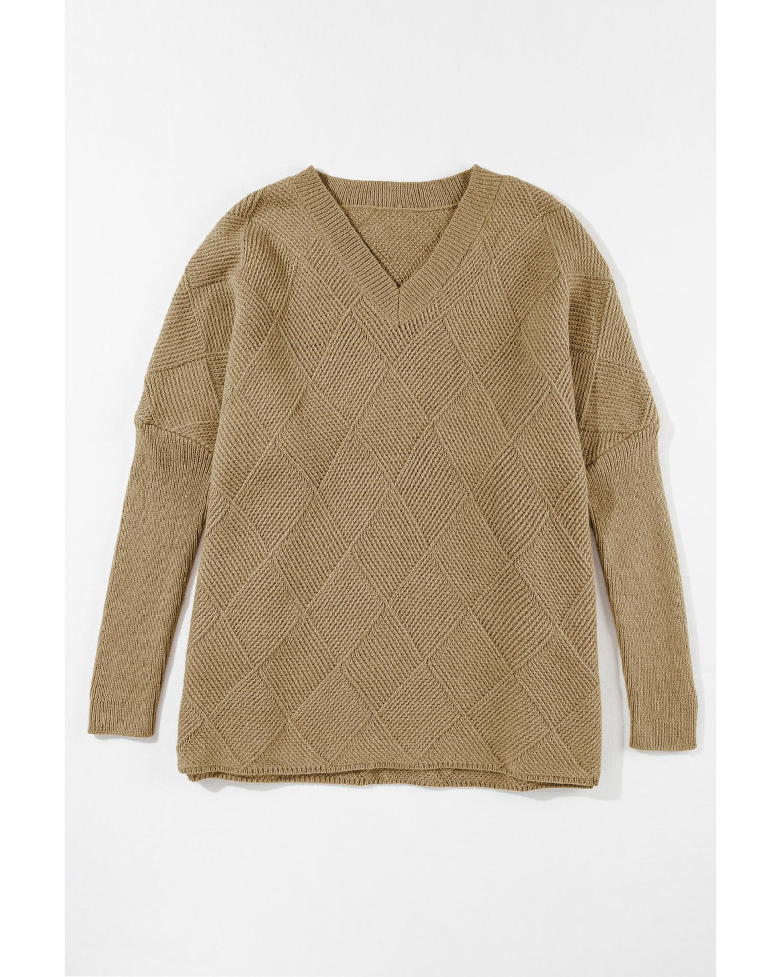 Camel Checkered Textured Batwing Sleeve Sweater - XL