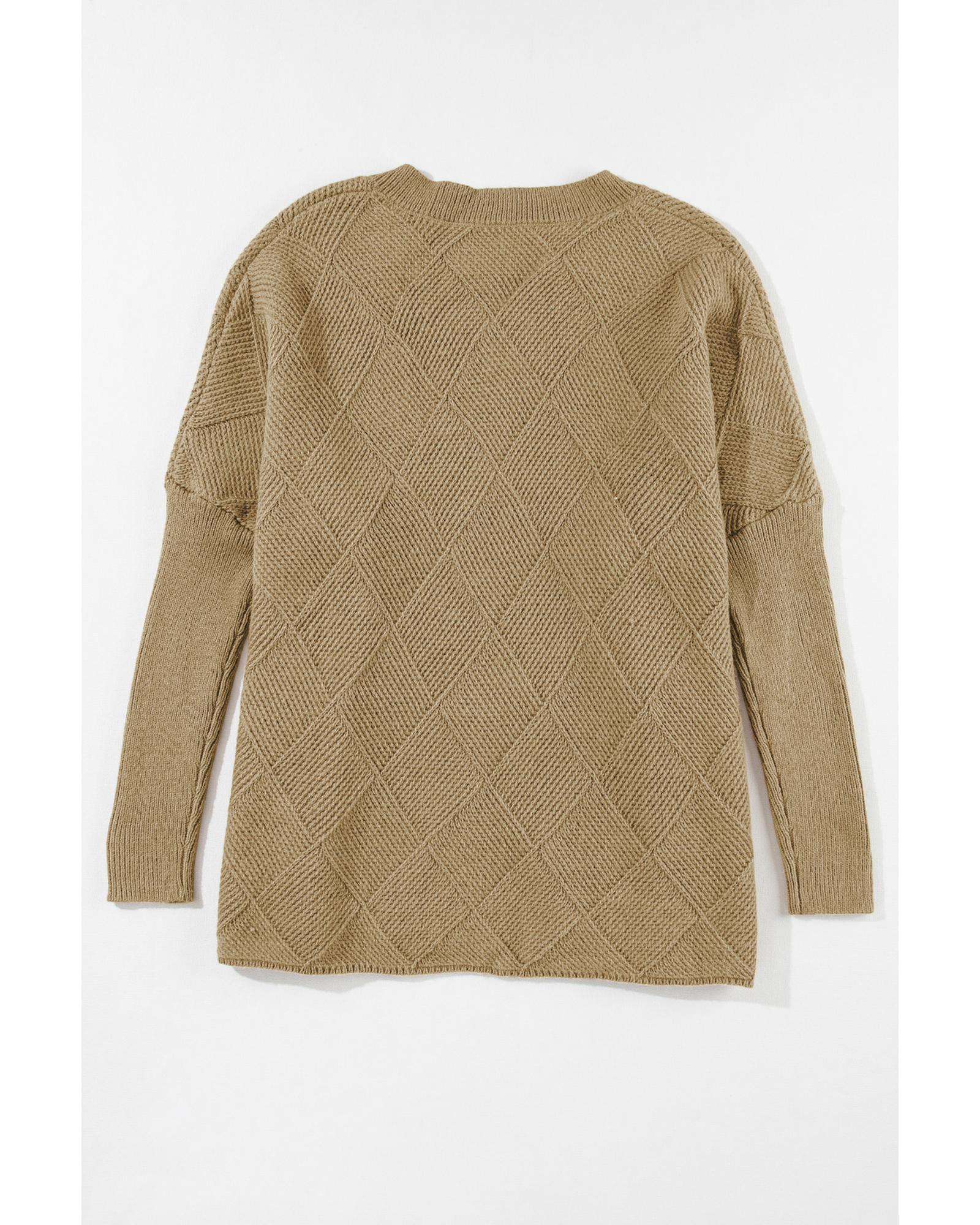 Camel Checkered Textured Batwing Sleeve Sweater - XL