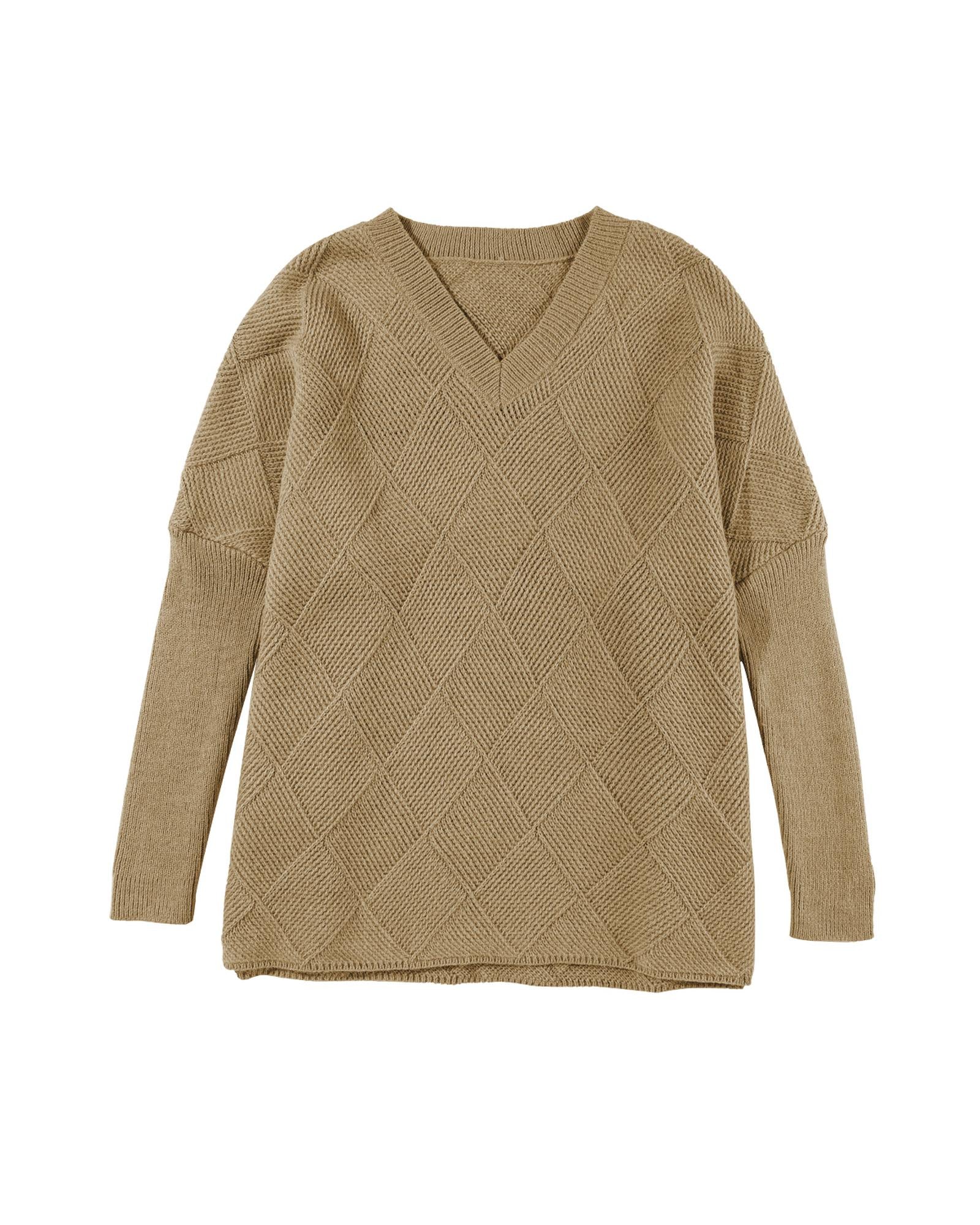 Camel Checkered Textured Batwing Sleeve Sweater - XL