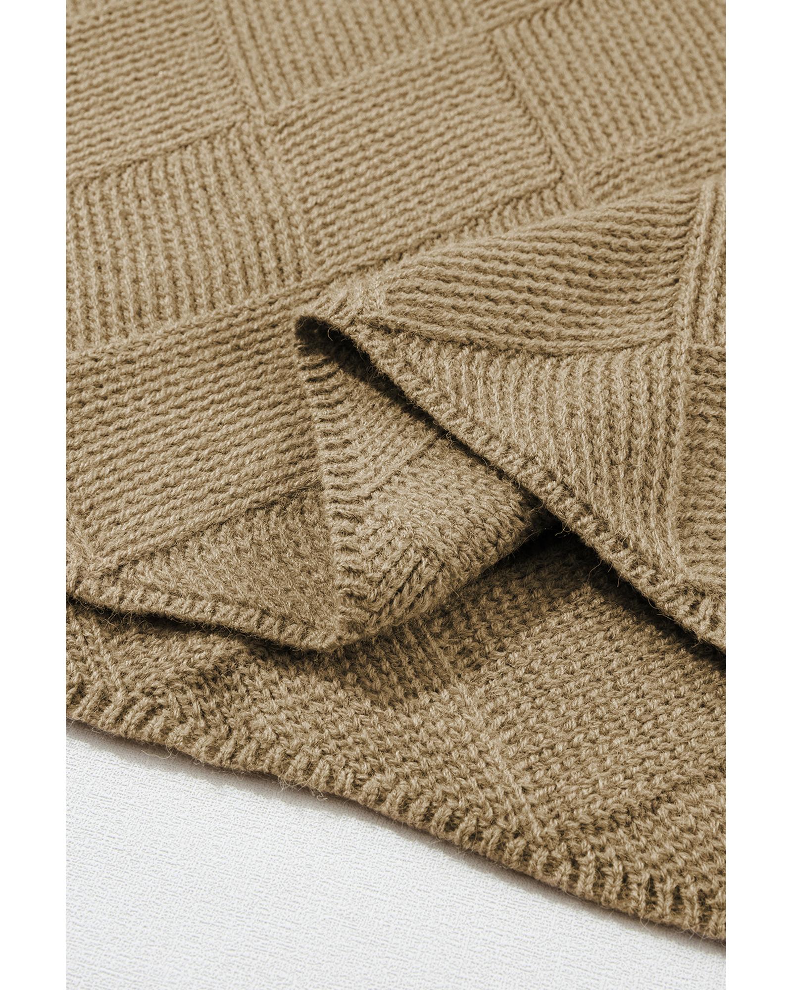 Camel Checkered Textured Batwing Sleeve Sweater - XL