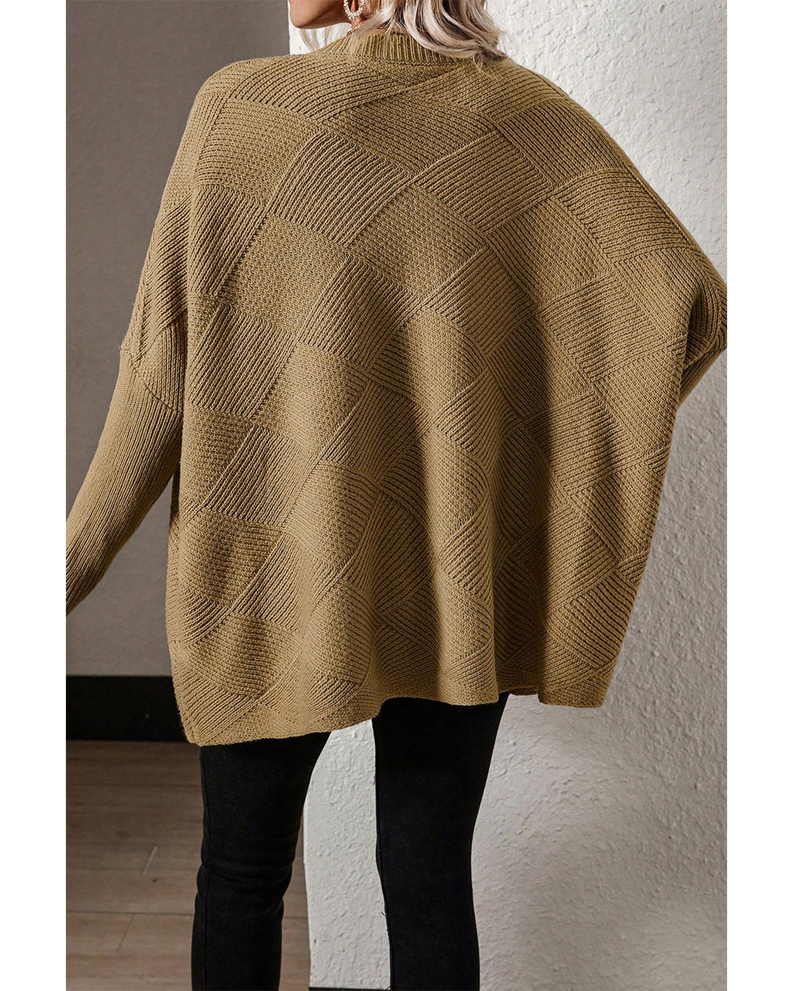 Camel Checkered Textured Batwing Sleeve Sweater - XL
