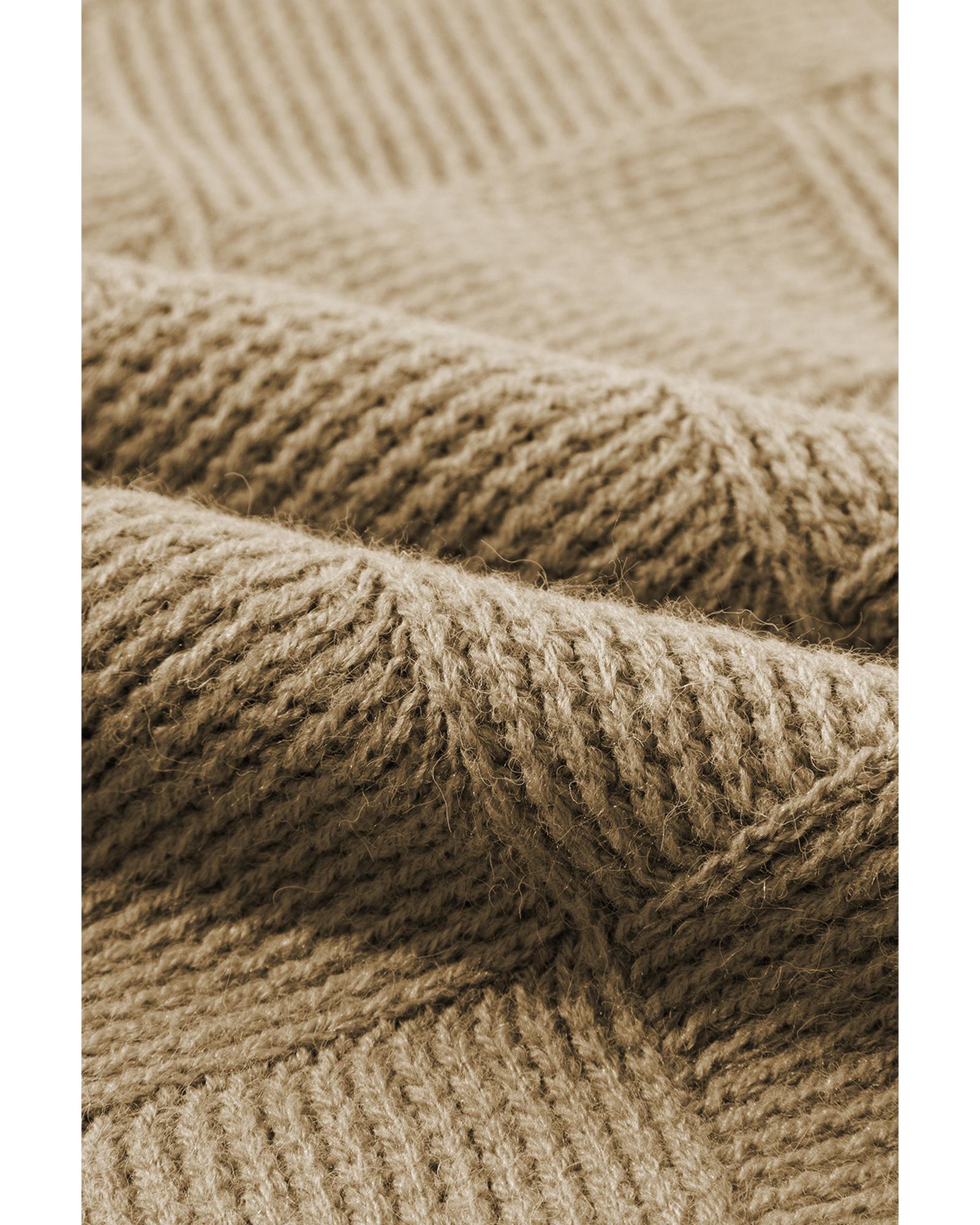 Camel Checkered Textured Batwing Sleeve Sweater - XL
