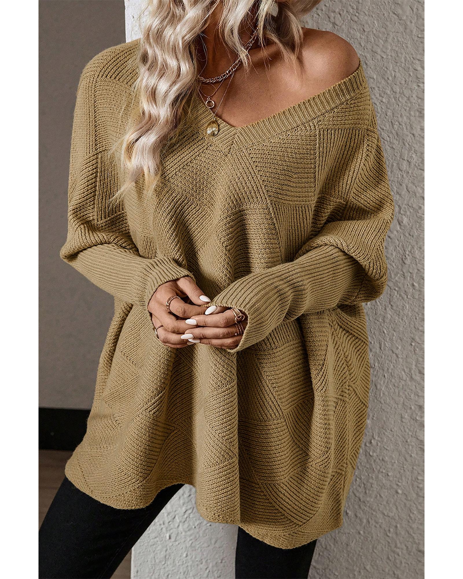 Camel Checkered Textured Batwing Sleeve Sweater - XL
