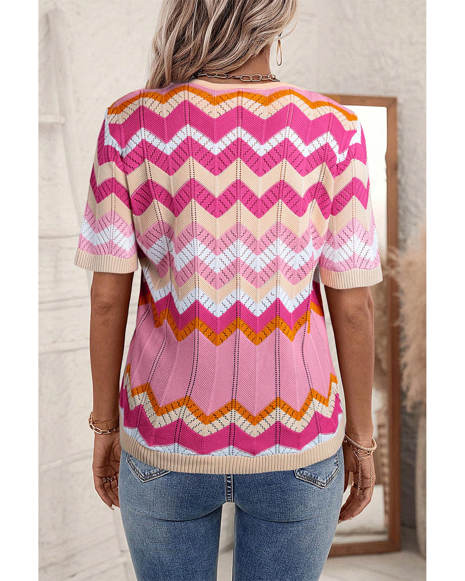 Pink Stripe Chevron Pointelle Knit V Neck Short Sleeve Sweater - XL