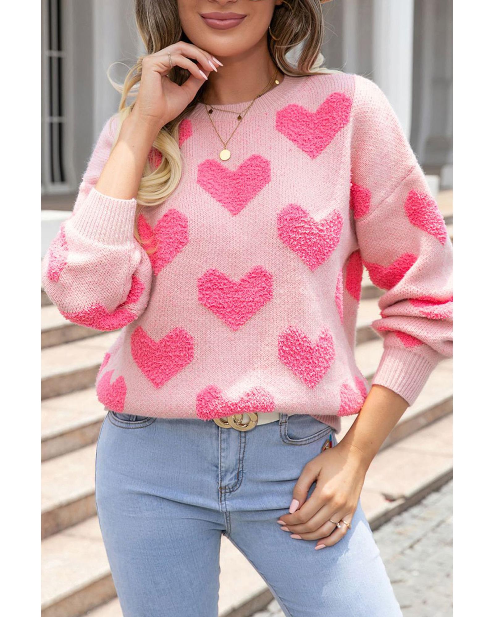 Light Pink Valentine�s Day Heart Jacquard Knit Sweater - L