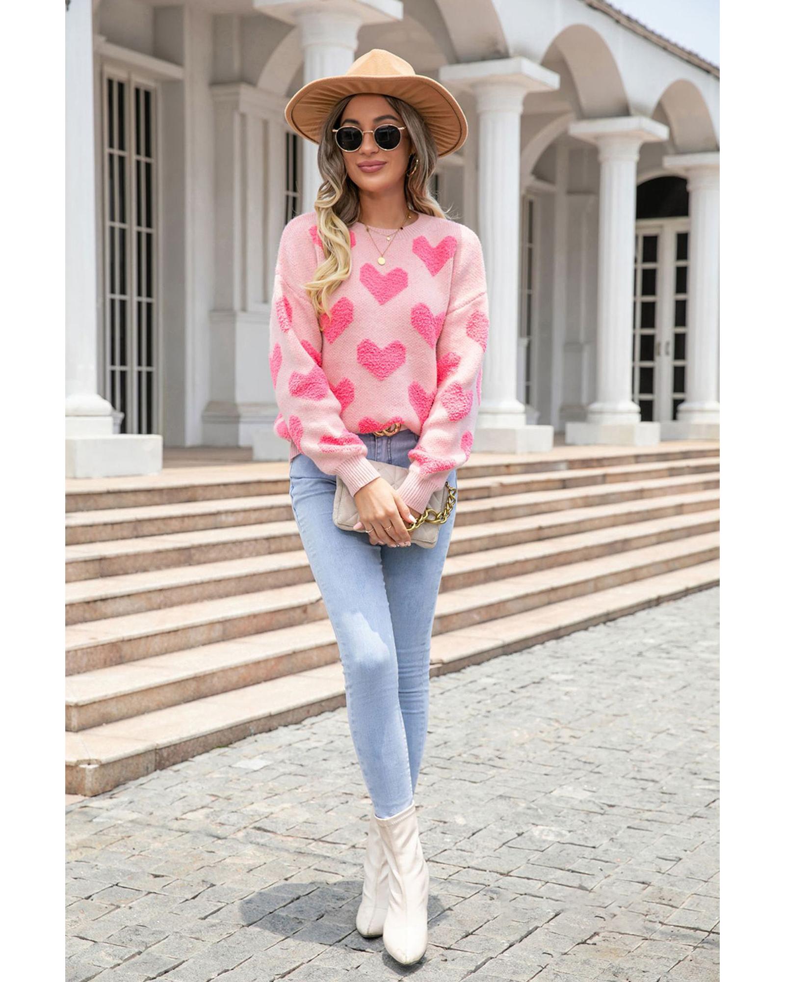 Light Pink Valentine�s Day Heart Jacquard Knit Sweater - L