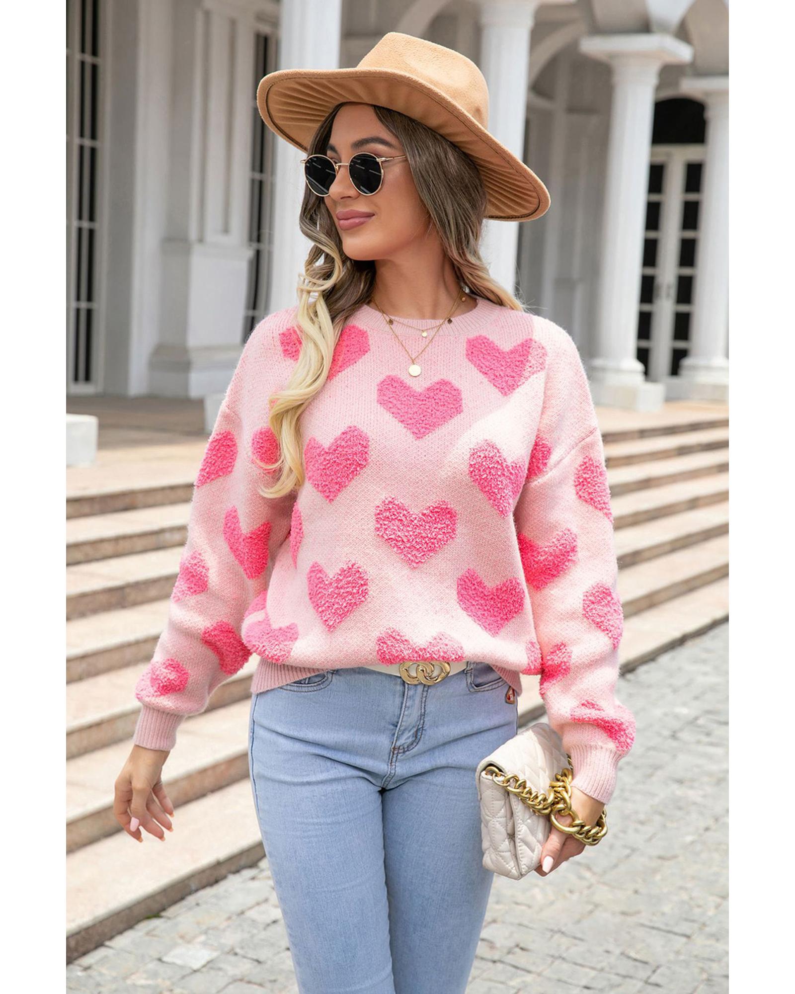 Light Pink Valentine�s Day Heart Jacquard Knit Sweater - L