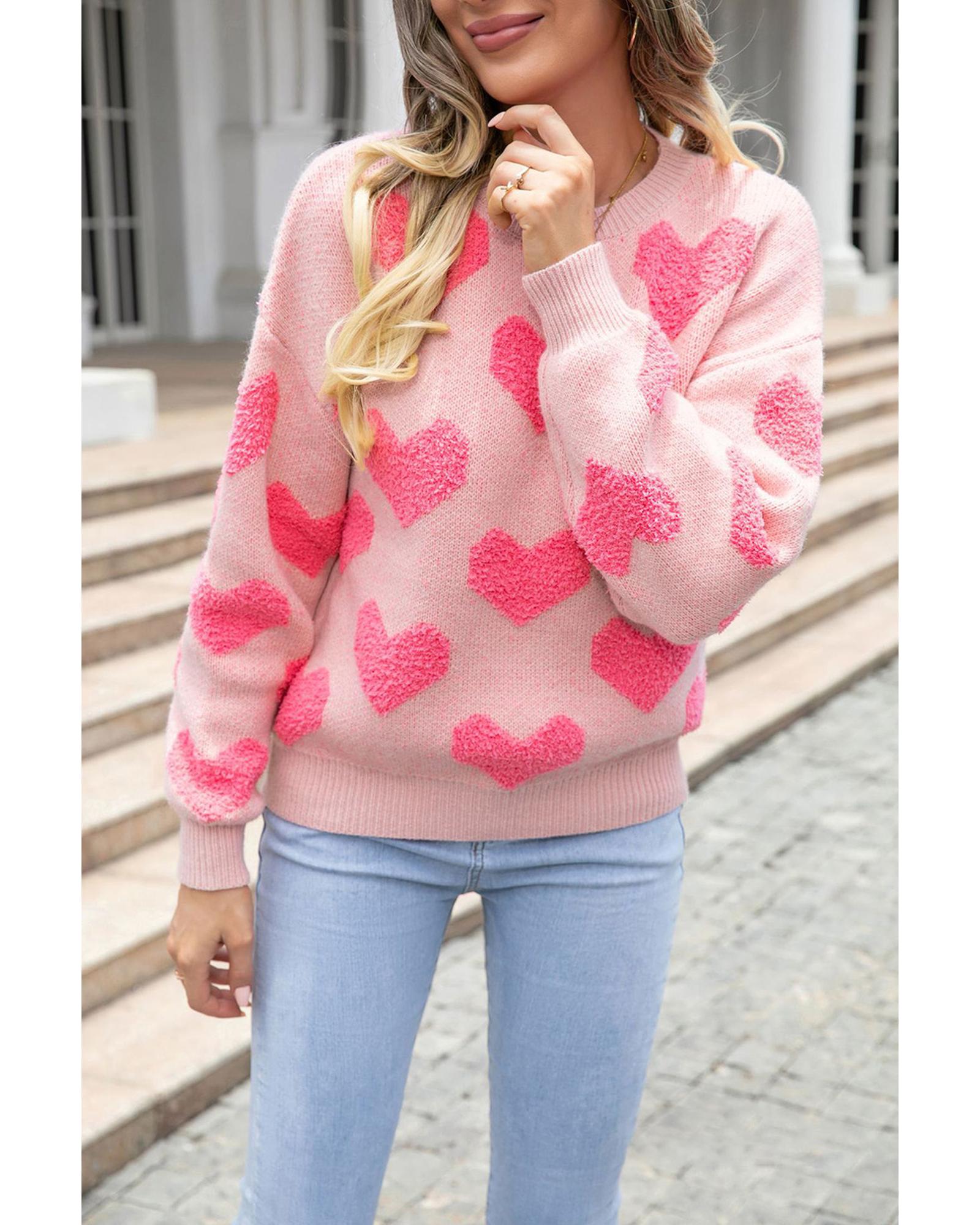 Light Pink Valentine�s Day Heart Jacquard Knit Sweater - L