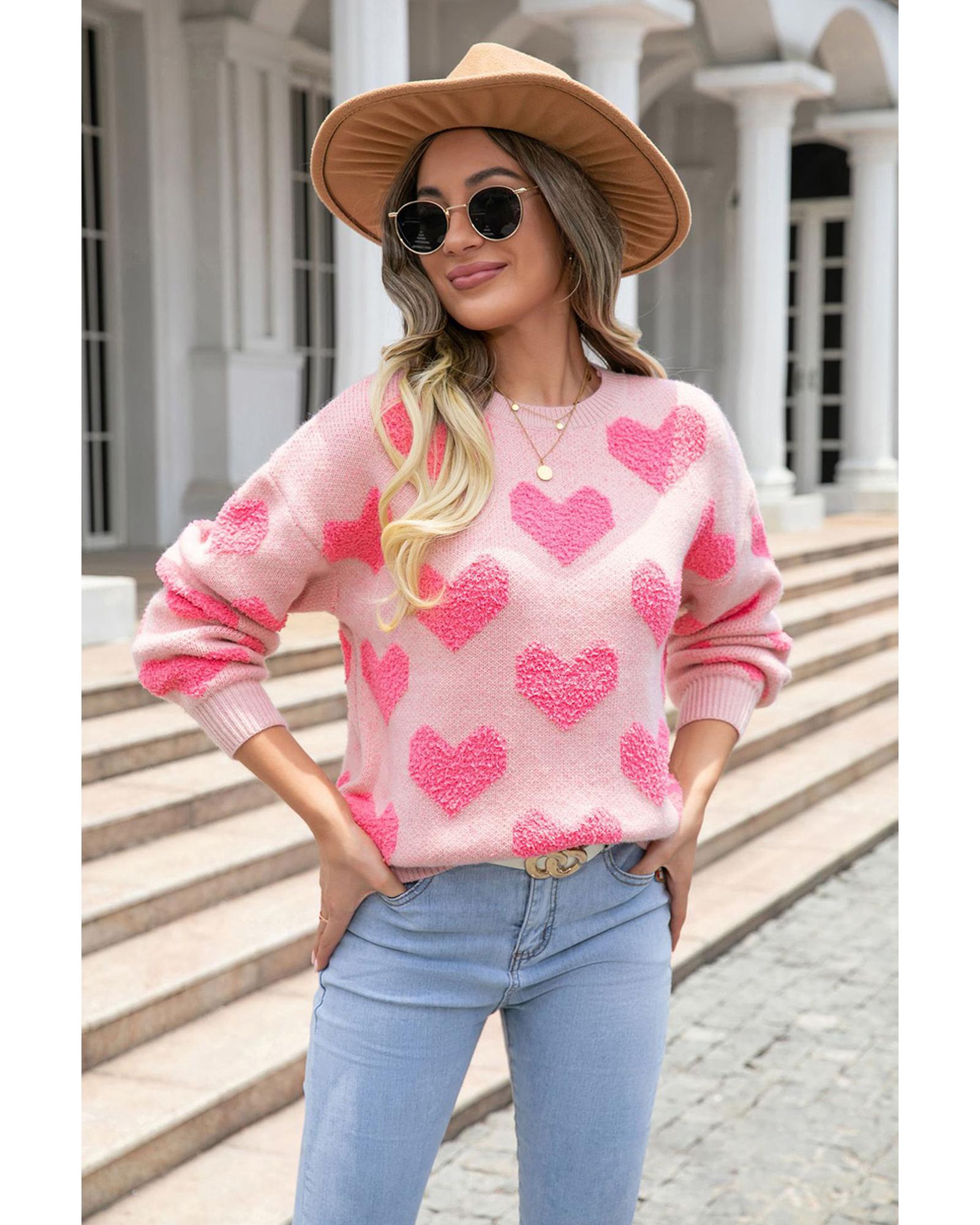 Light Pink Valentine�s Day Heart Jacquard Knit Sweater - L