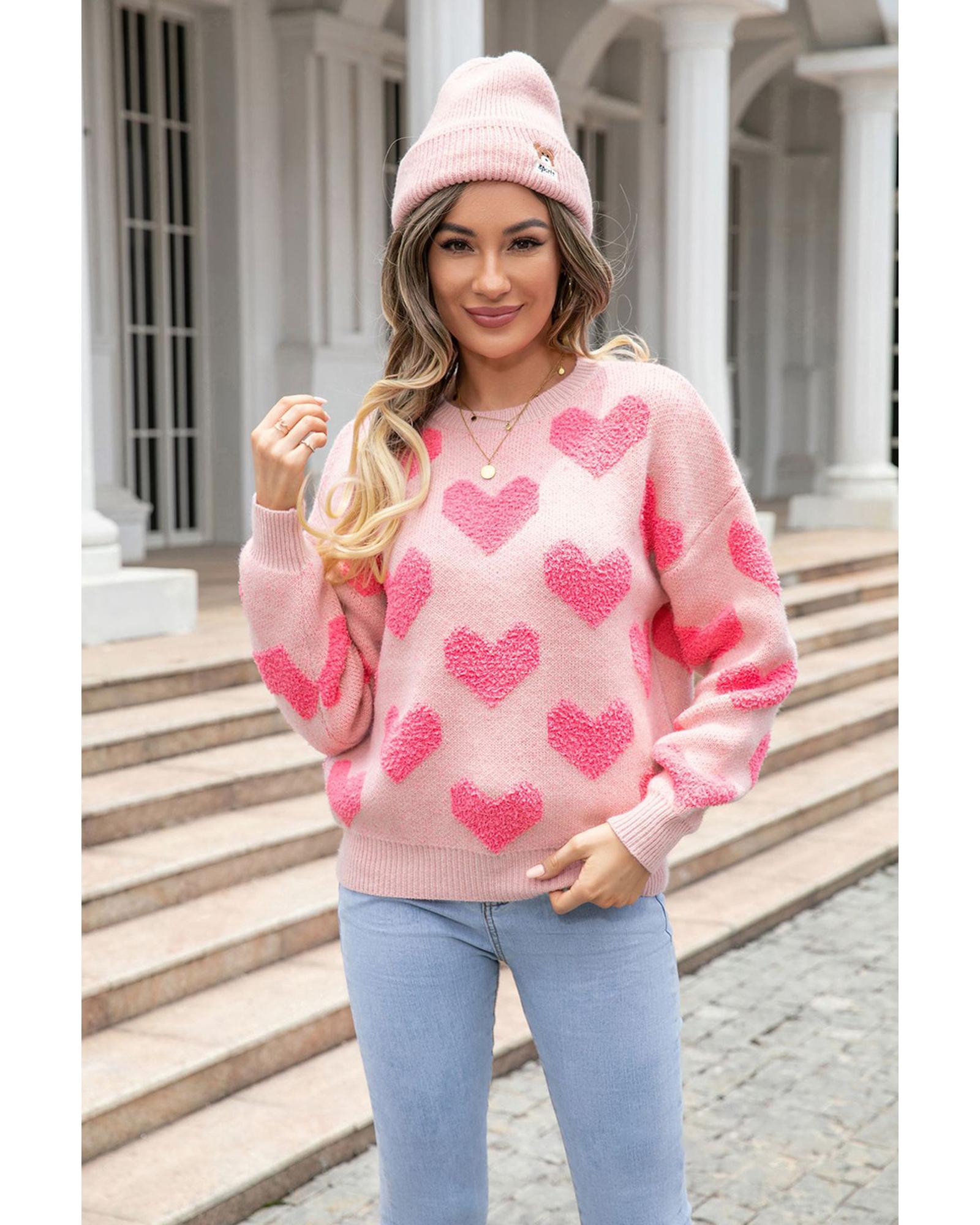 Light Pink Valentine�s Day Heart Jacquard Knit Sweater - L