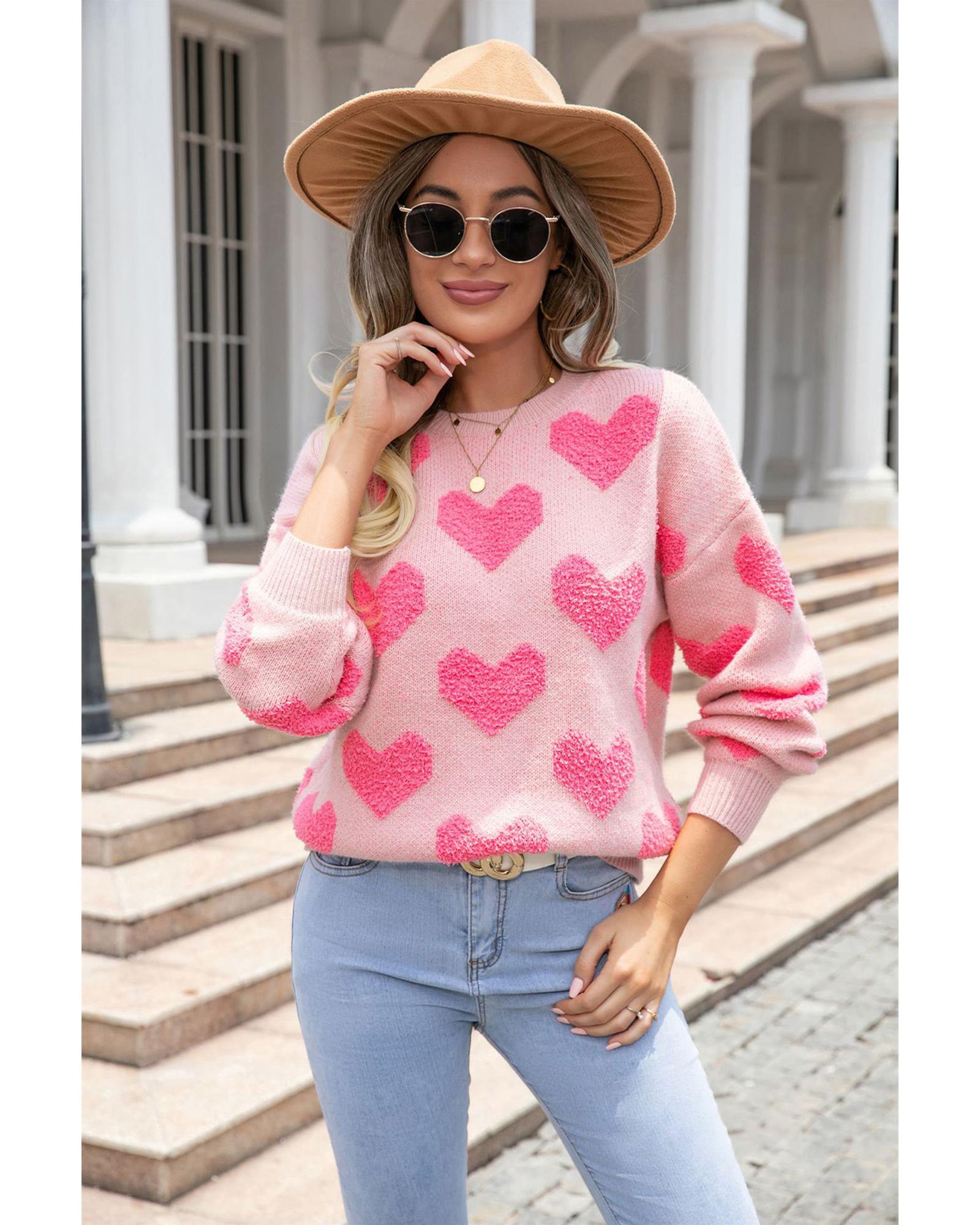Light Pink Valentine�s Day Heart Jacquard Knit Sweater - L
