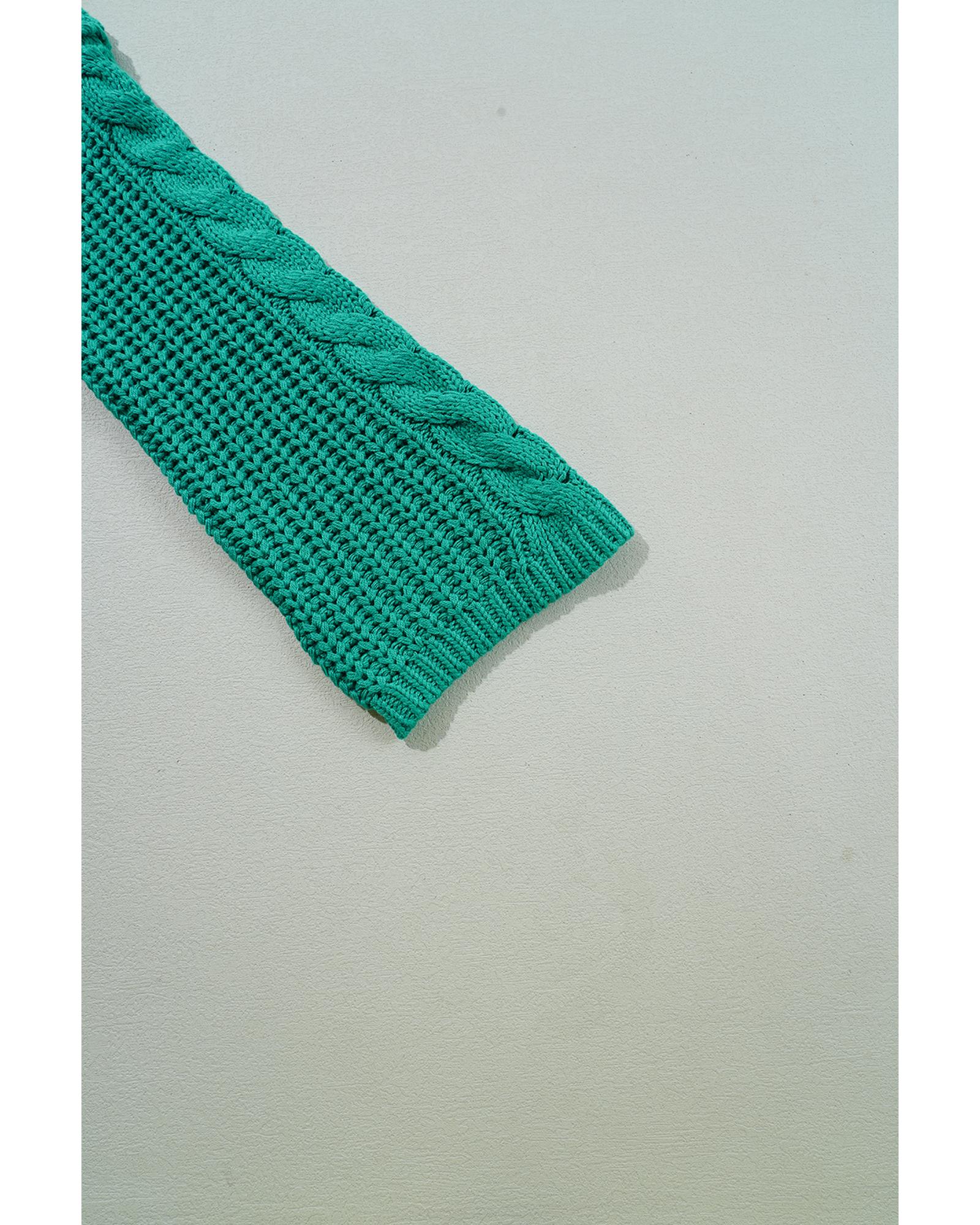 Sea Green Cable Knit V Neck Contrast Drawstring Hooded Sweater - M