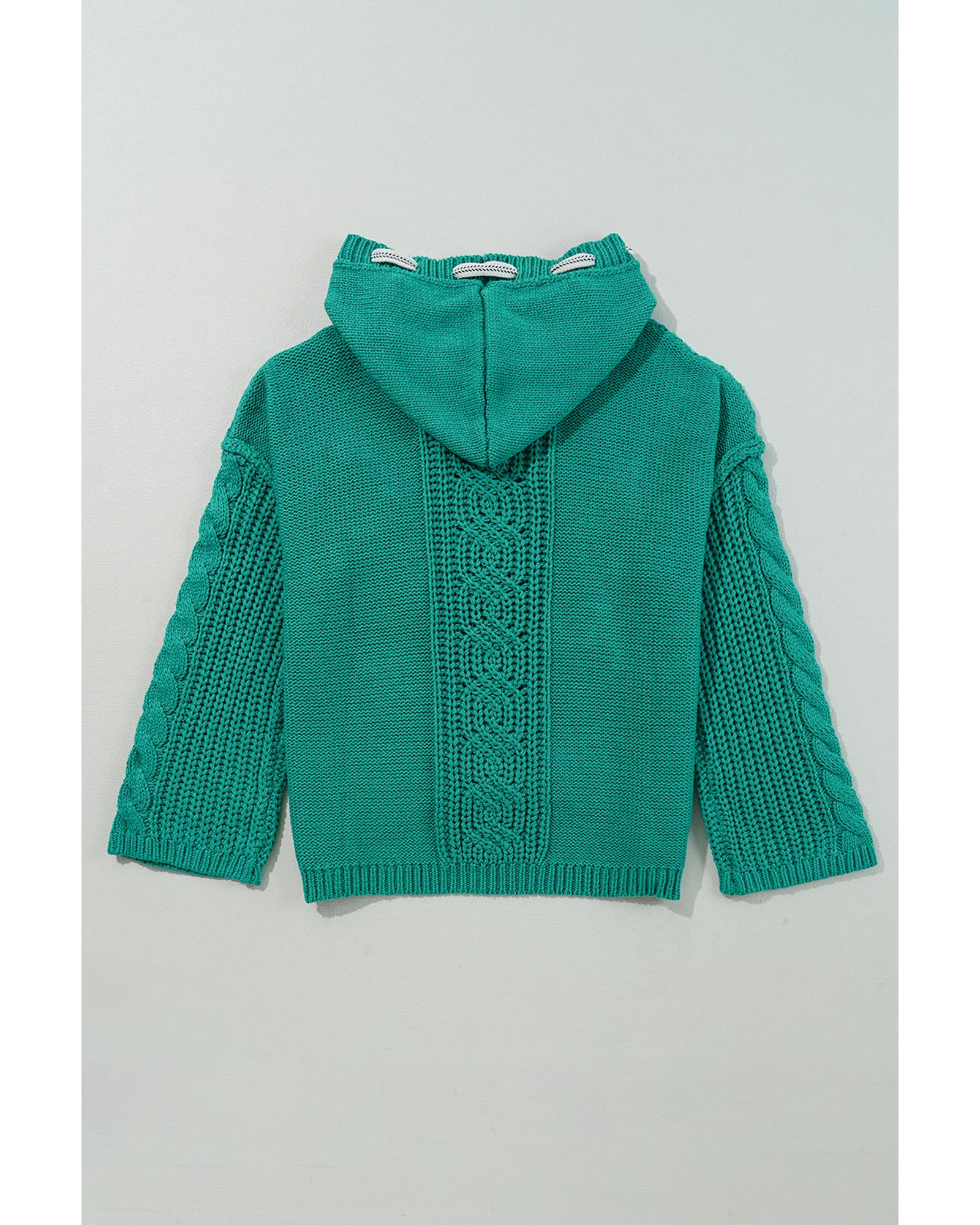 Sea Green Cable Knit V Neck Contrast Drawstring Hooded Sweater - S