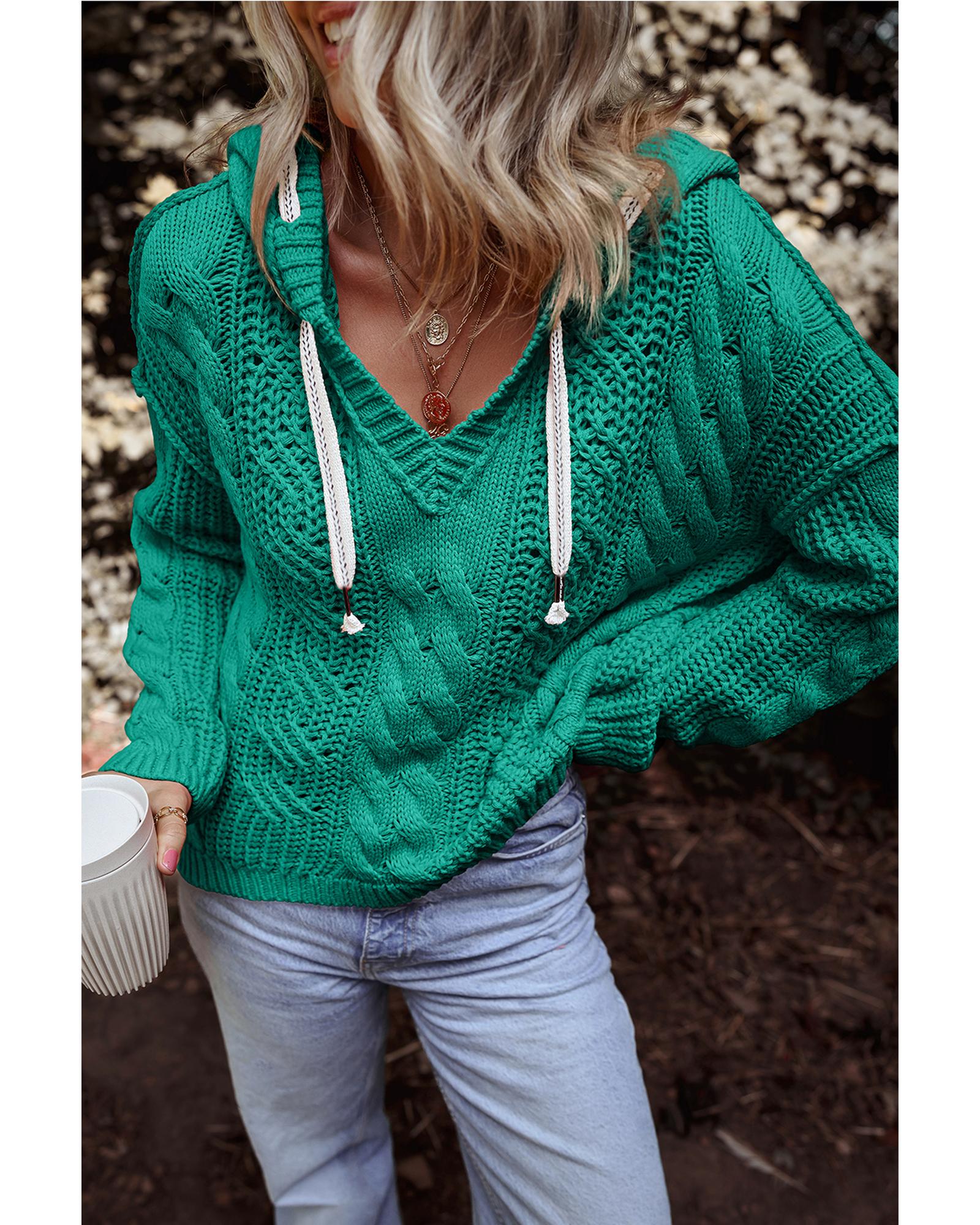 Sea Green Cable Knit V Neck Contrast Drawstring Hooded Sweater - S