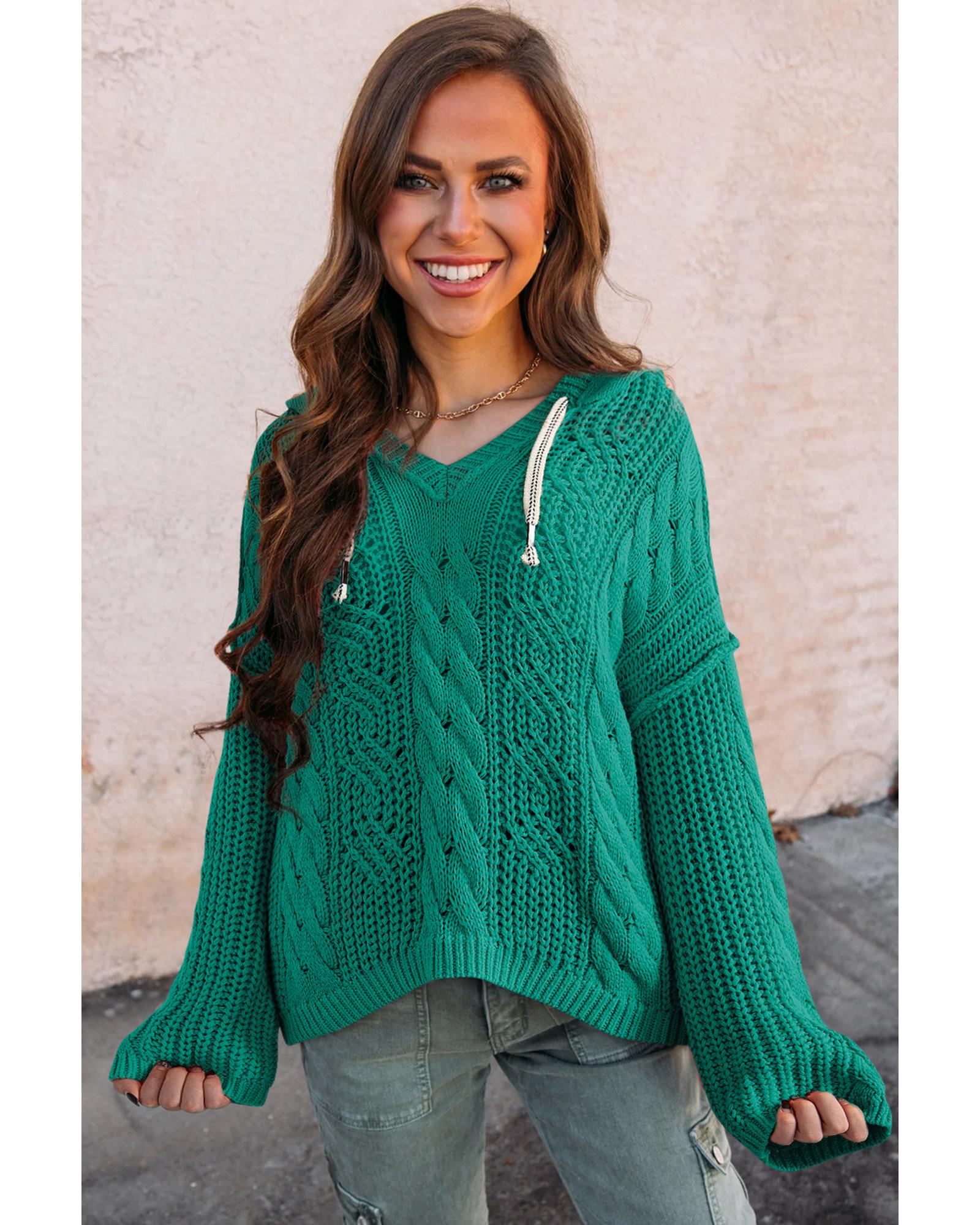 Sea Green Cable Knit V Neck Contrast Drawstring Hooded Sweater - S