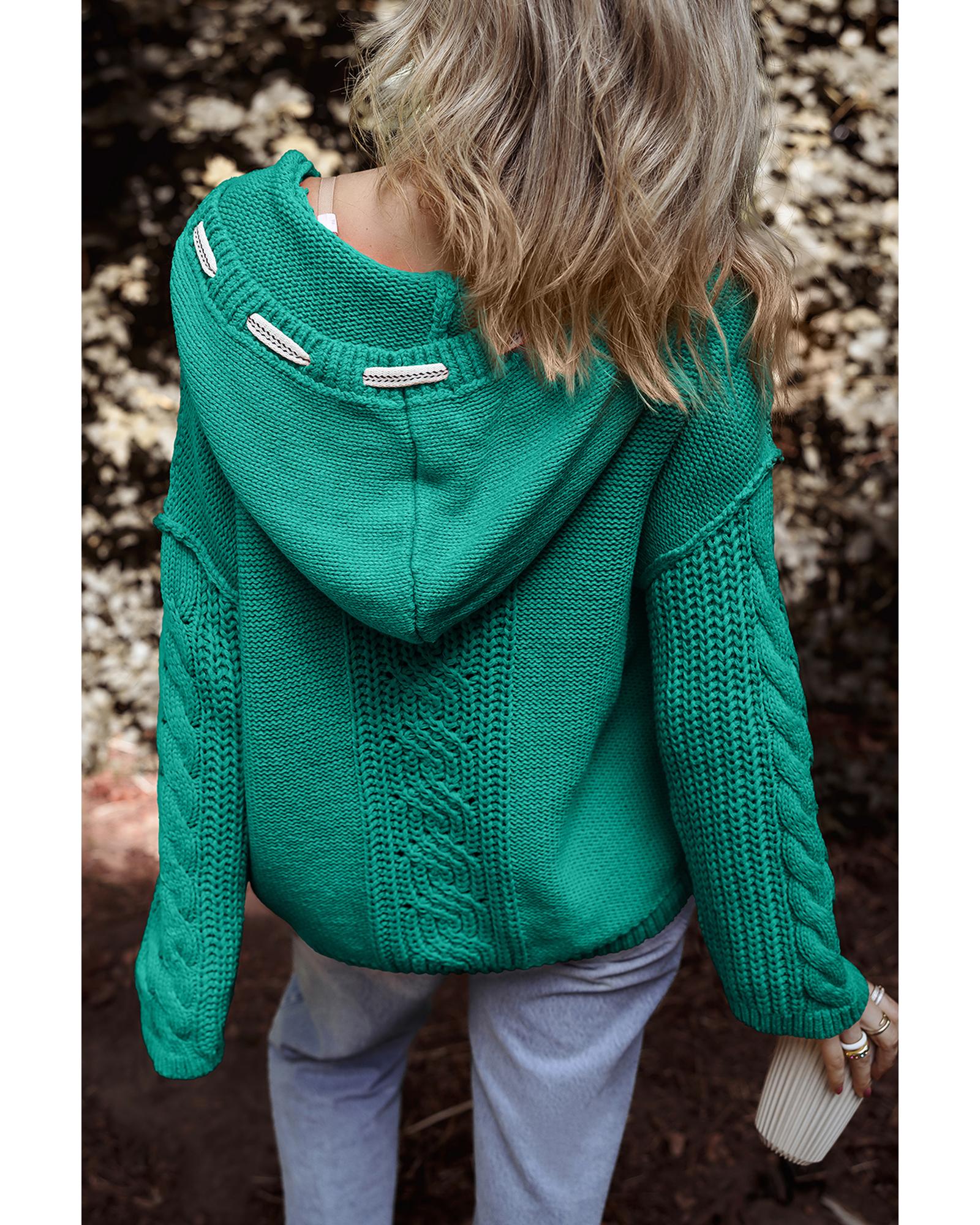 Sea Green Cable Knit V Neck Contrast Drawstring Hooded Sweater - S