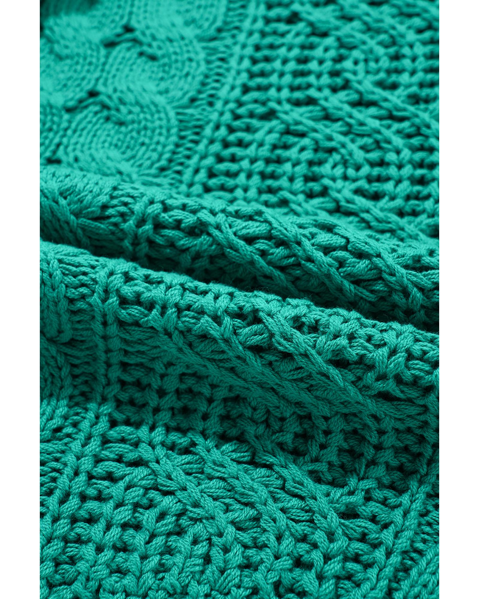 Sea Green Cable Knit V Neck Contrast Drawstring Hooded Sweater - XL