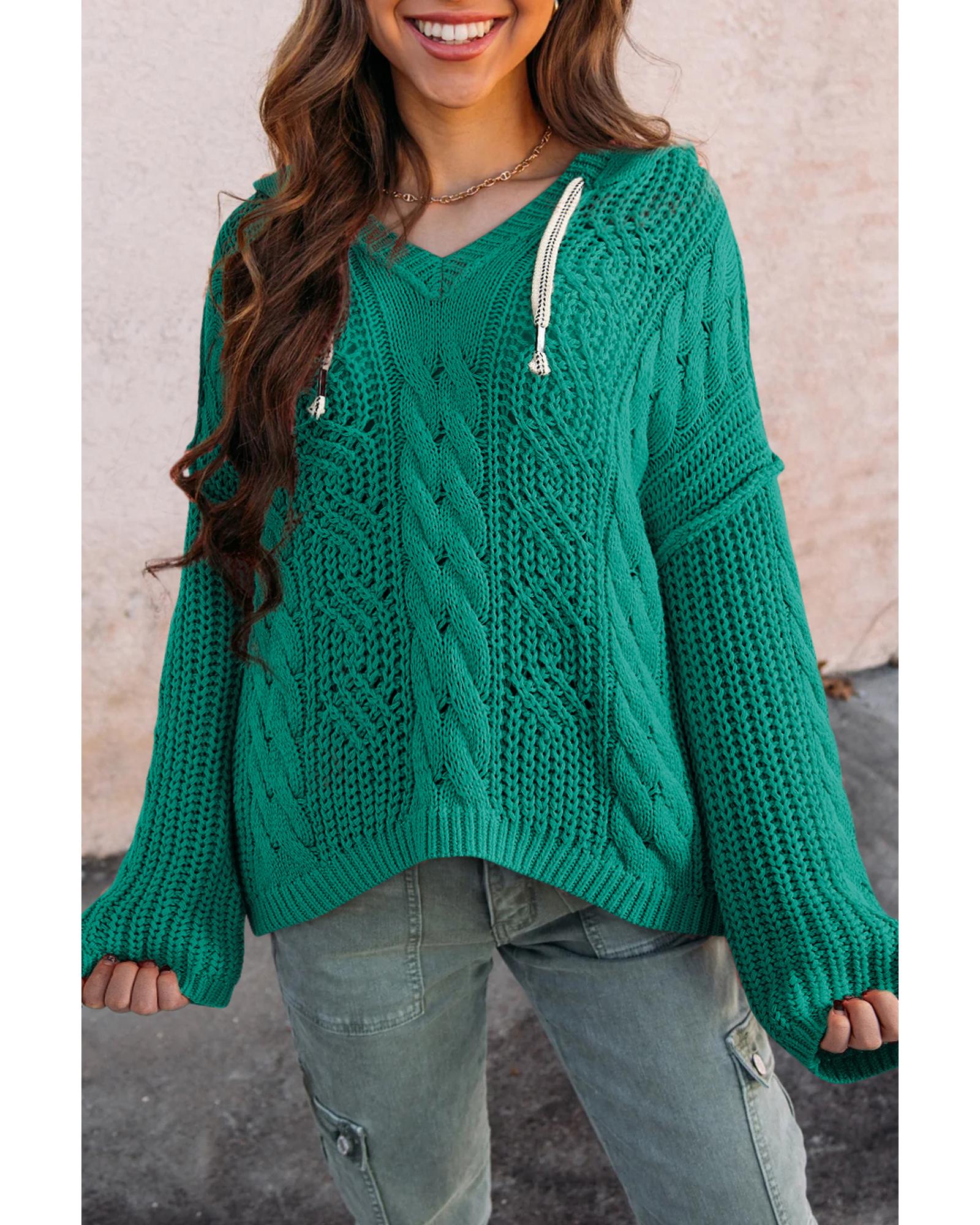 Sea Green Cable Knit V Neck Contrast Drawstring Hooded Sweater - XL