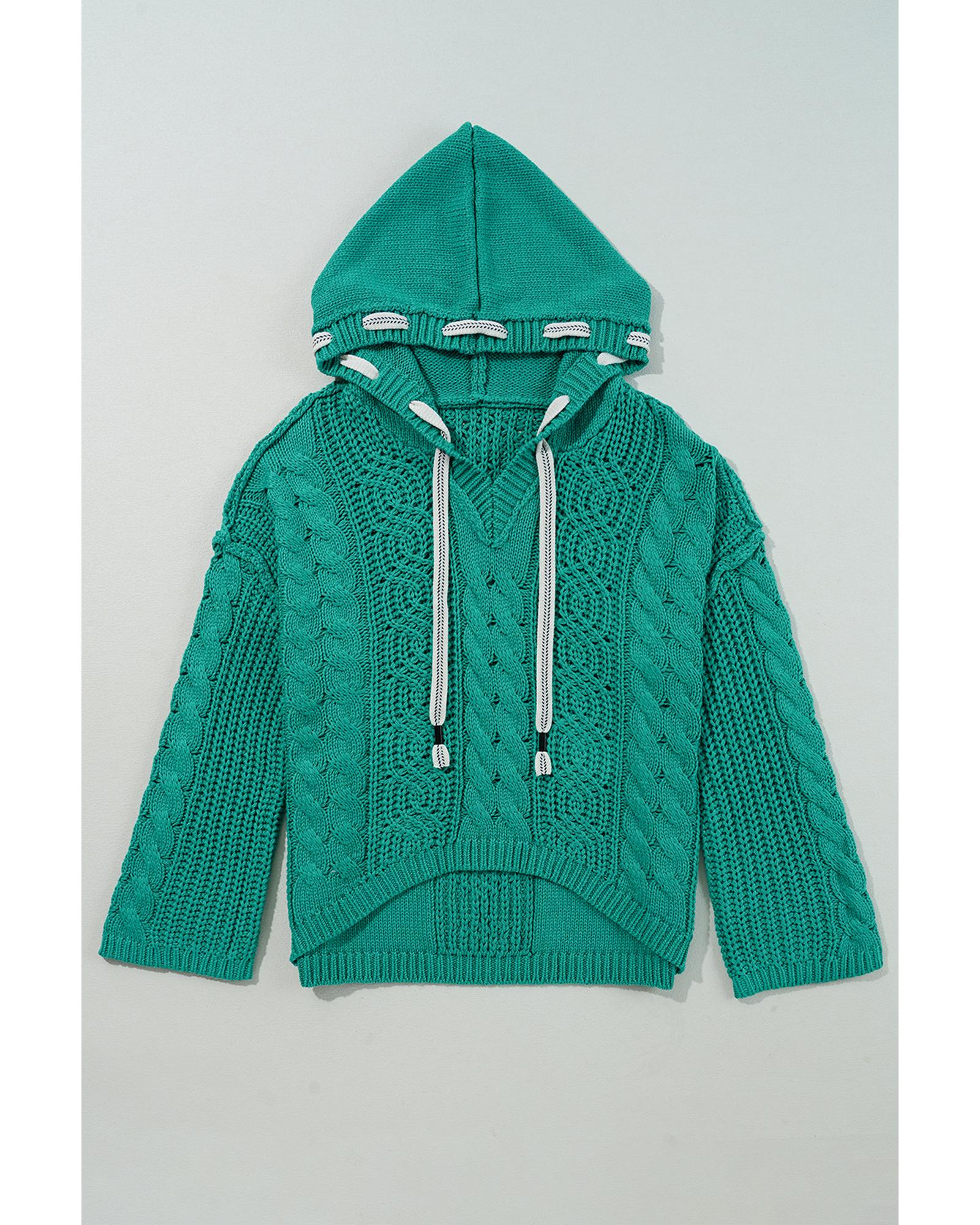 Sea Green Cable Knit V Neck Contrast Drawstring Hooded Sweater - XL