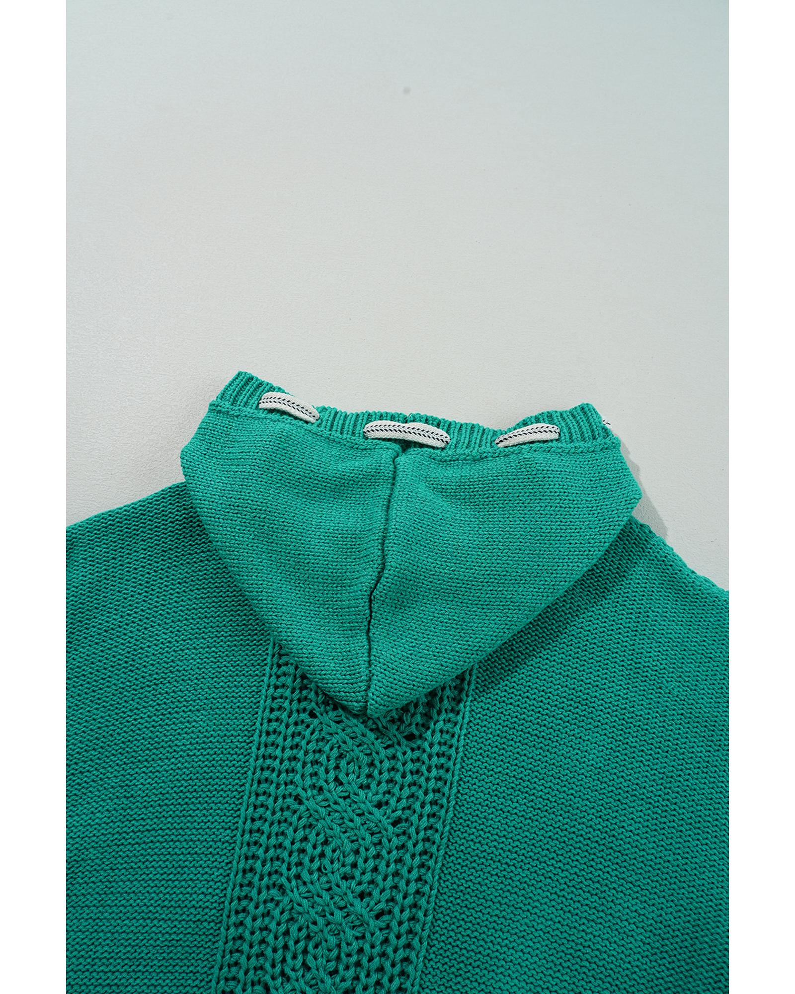 Sea Green Cable Knit V Neck Contrast Drawstring Hooded Sweater - XL