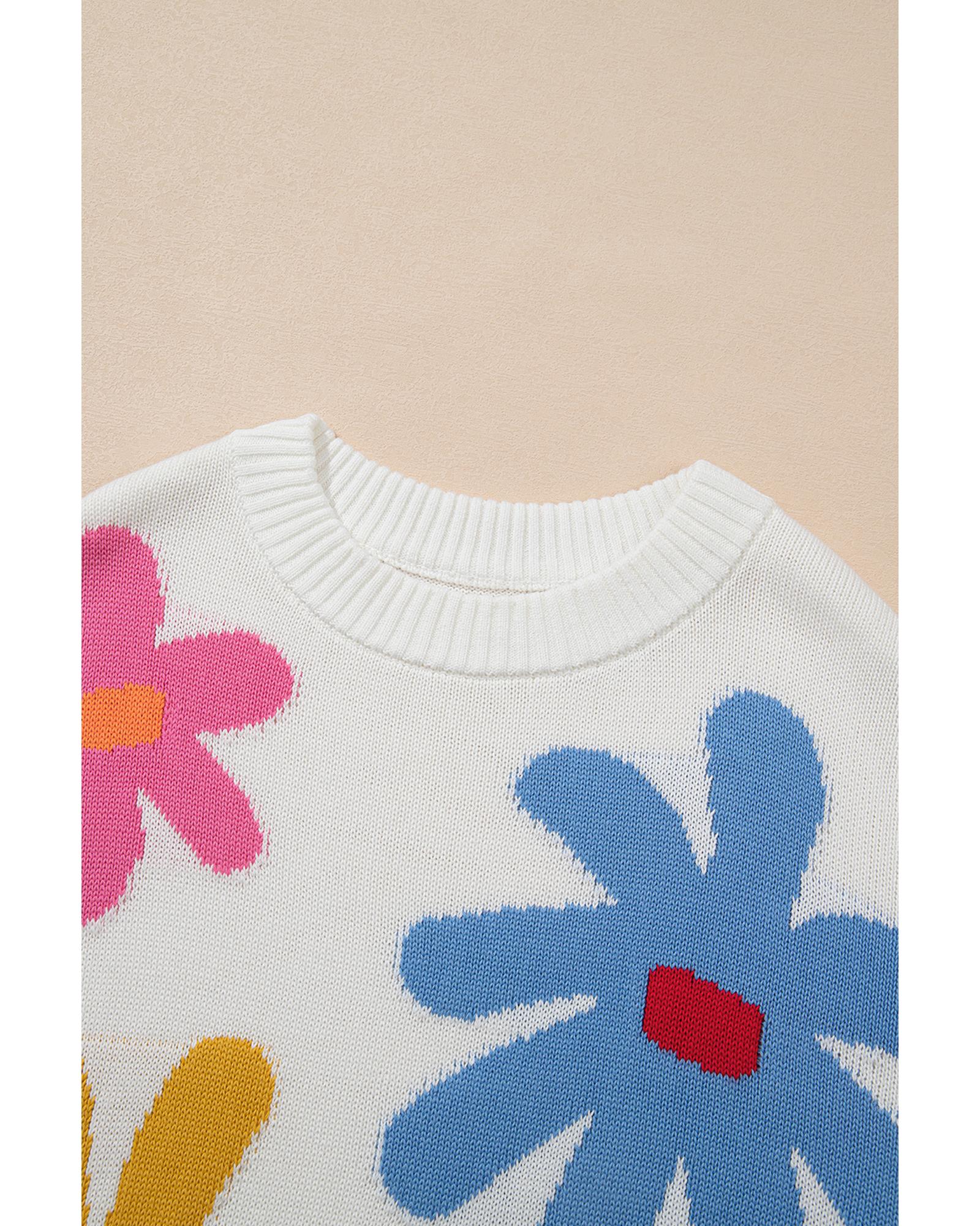 White Colorful Big Flower Pattern Crewneck Sweater - L