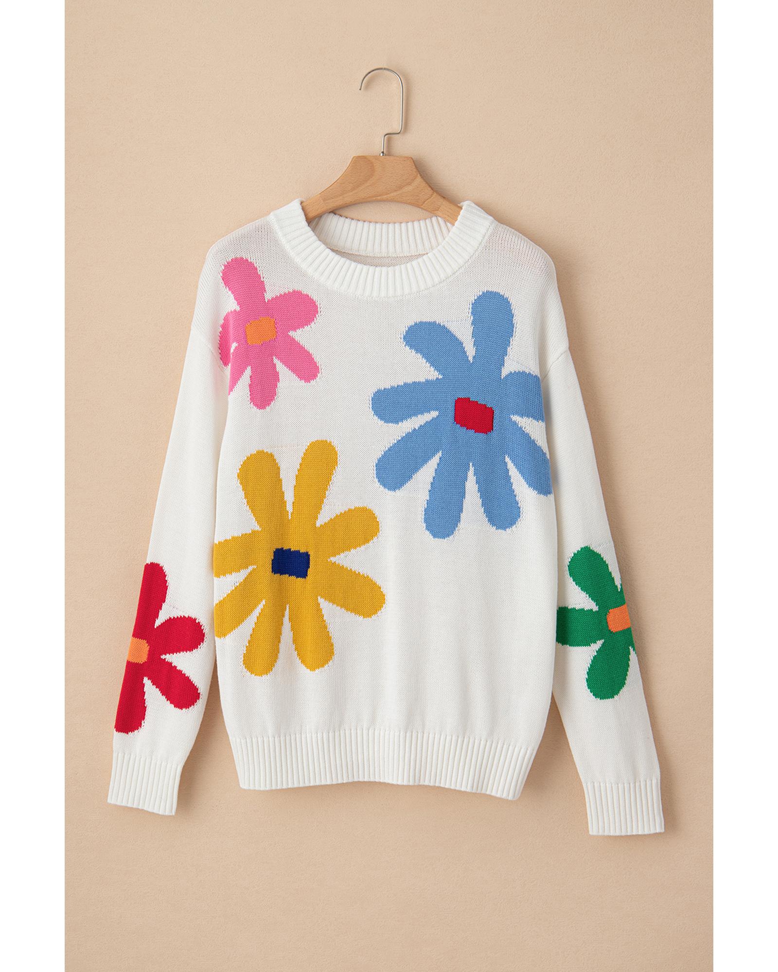 White Colorful Big Flower Pattern Crewneck Sweater - L