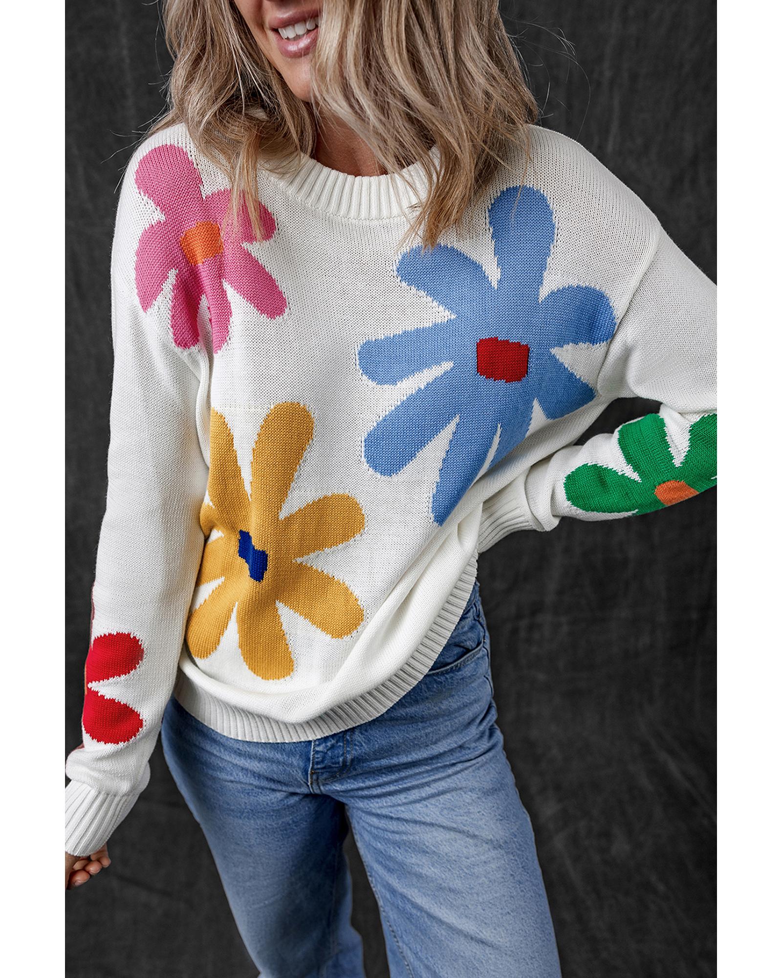 White Colorful Big Flower Pattern Crewneck Sweater - M