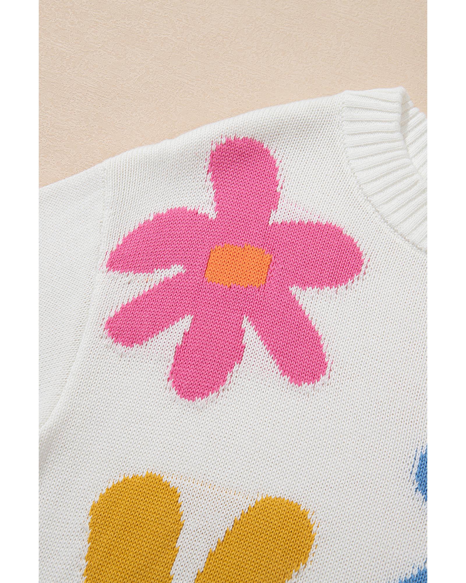 White Colorful Big Flower Pattern Crewneck Sweater - S