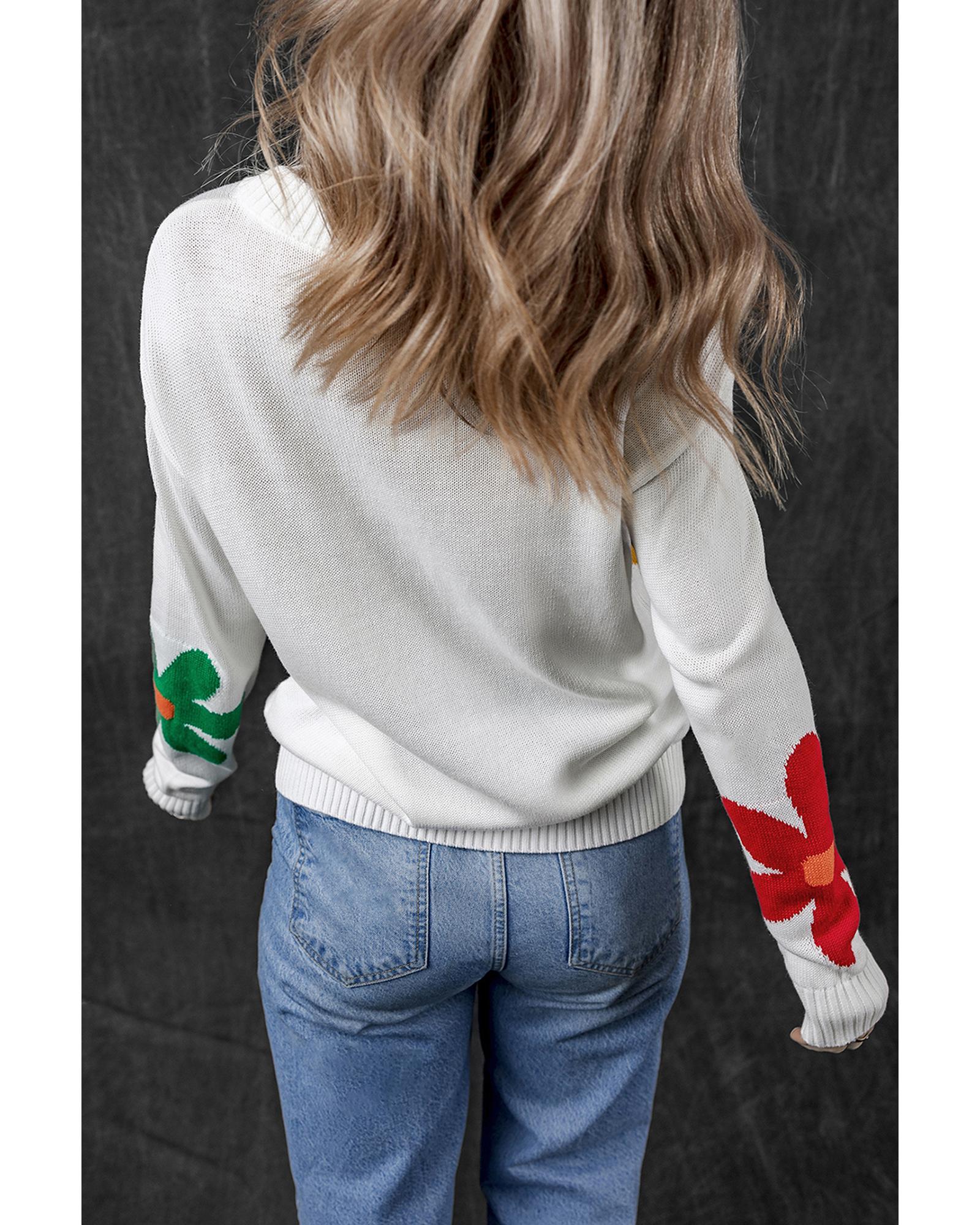 White Colorful Big Flower Pattern Crewneck Sweater - S