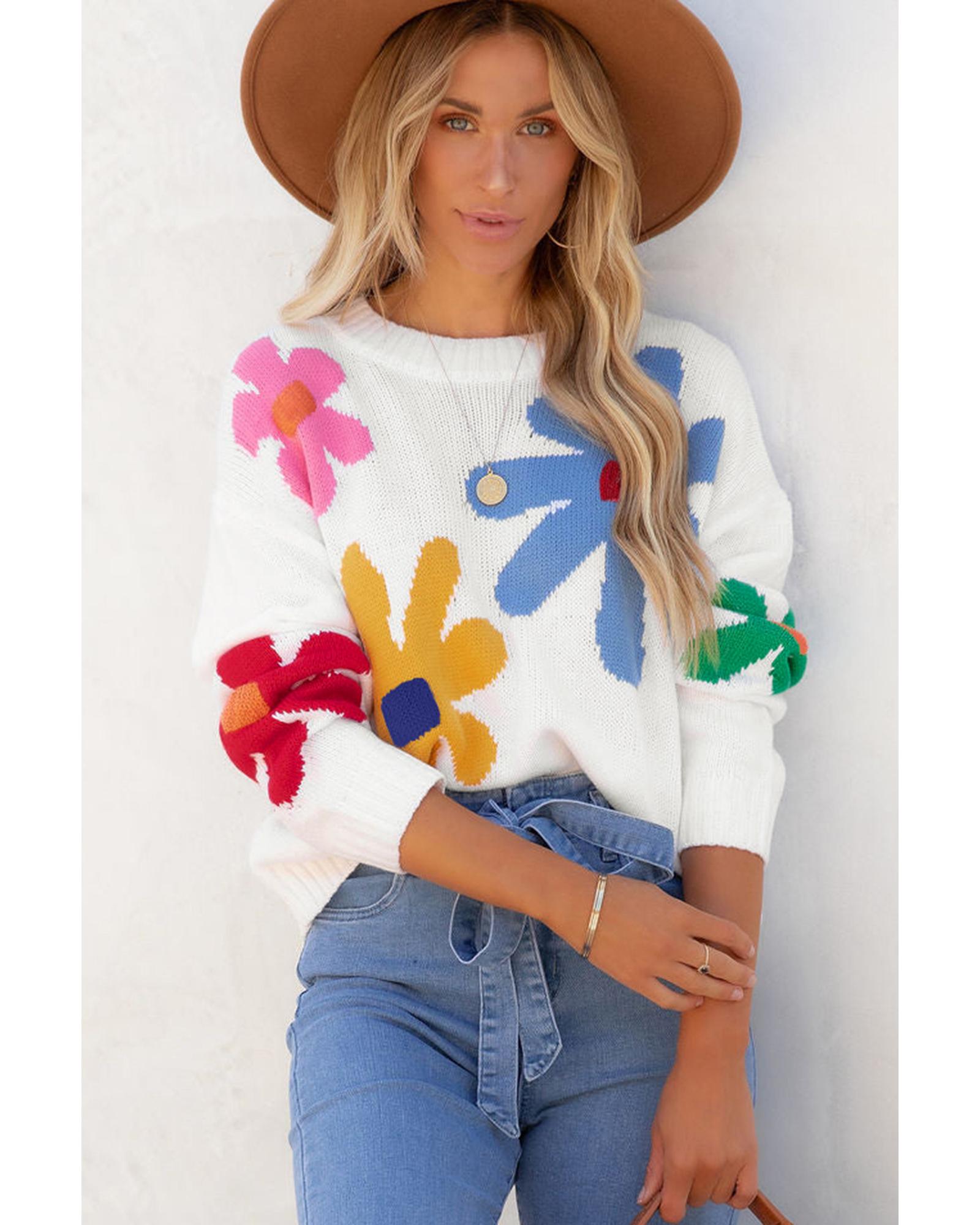 White Colorful Big Flower Pattern Crewneck Sweater - XL