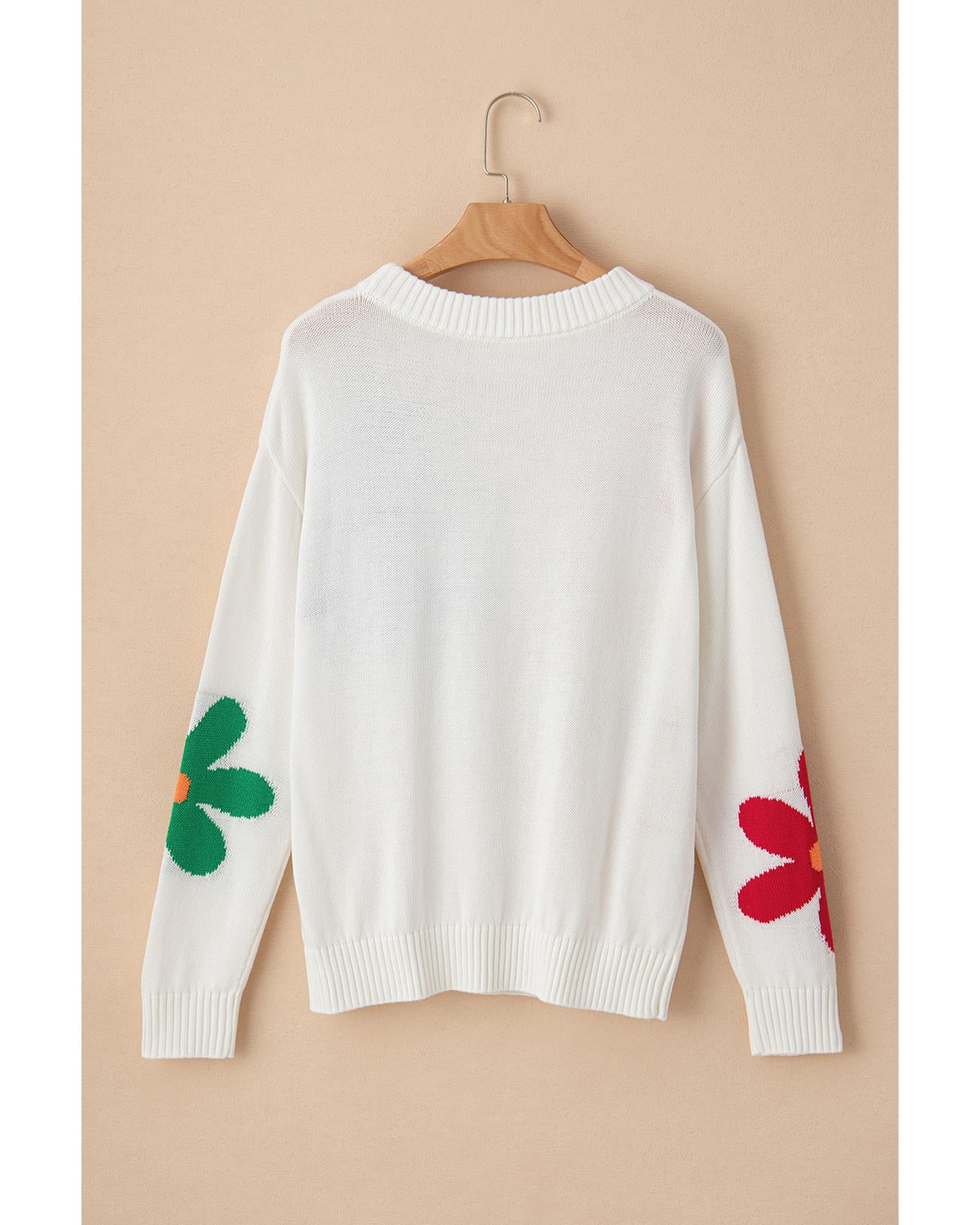 White Colorful Big Flower Pattern Crewneck Sweater - XL