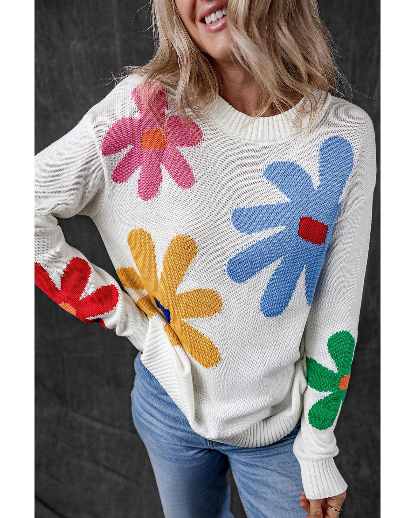 White Colorful Big Flower Pattern Crewneck Sweater - XL