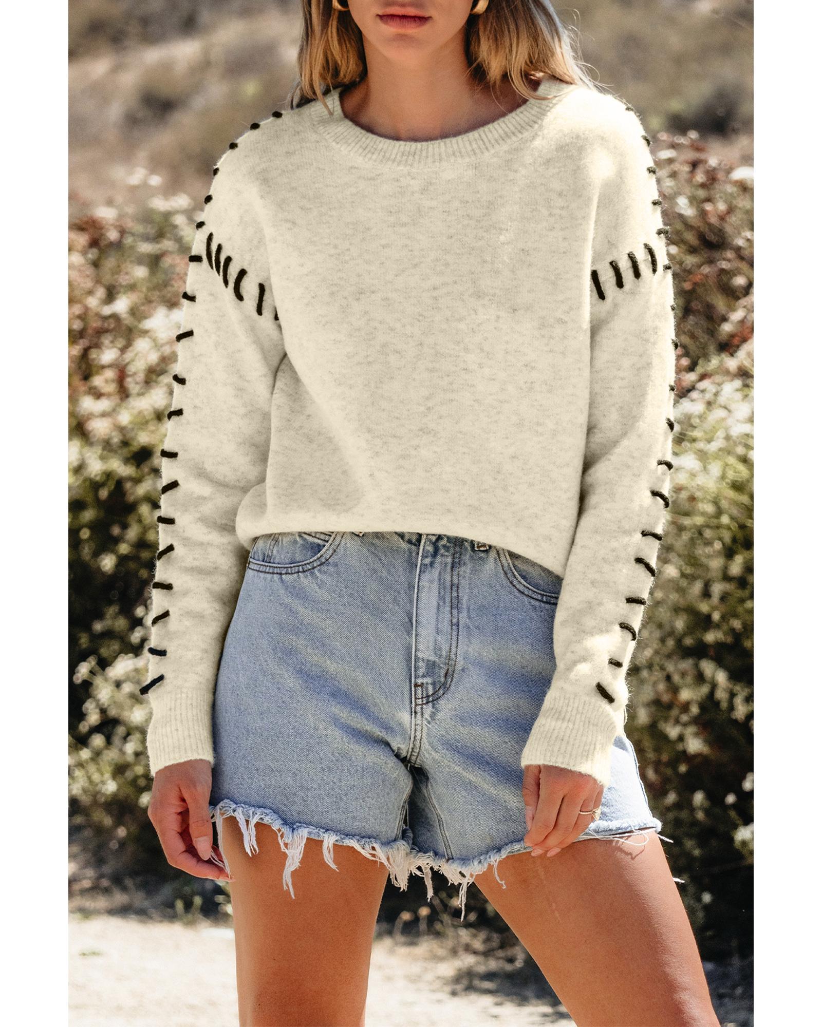 White Contrast Stitch Detail Ribbed Trim Sweater - XL