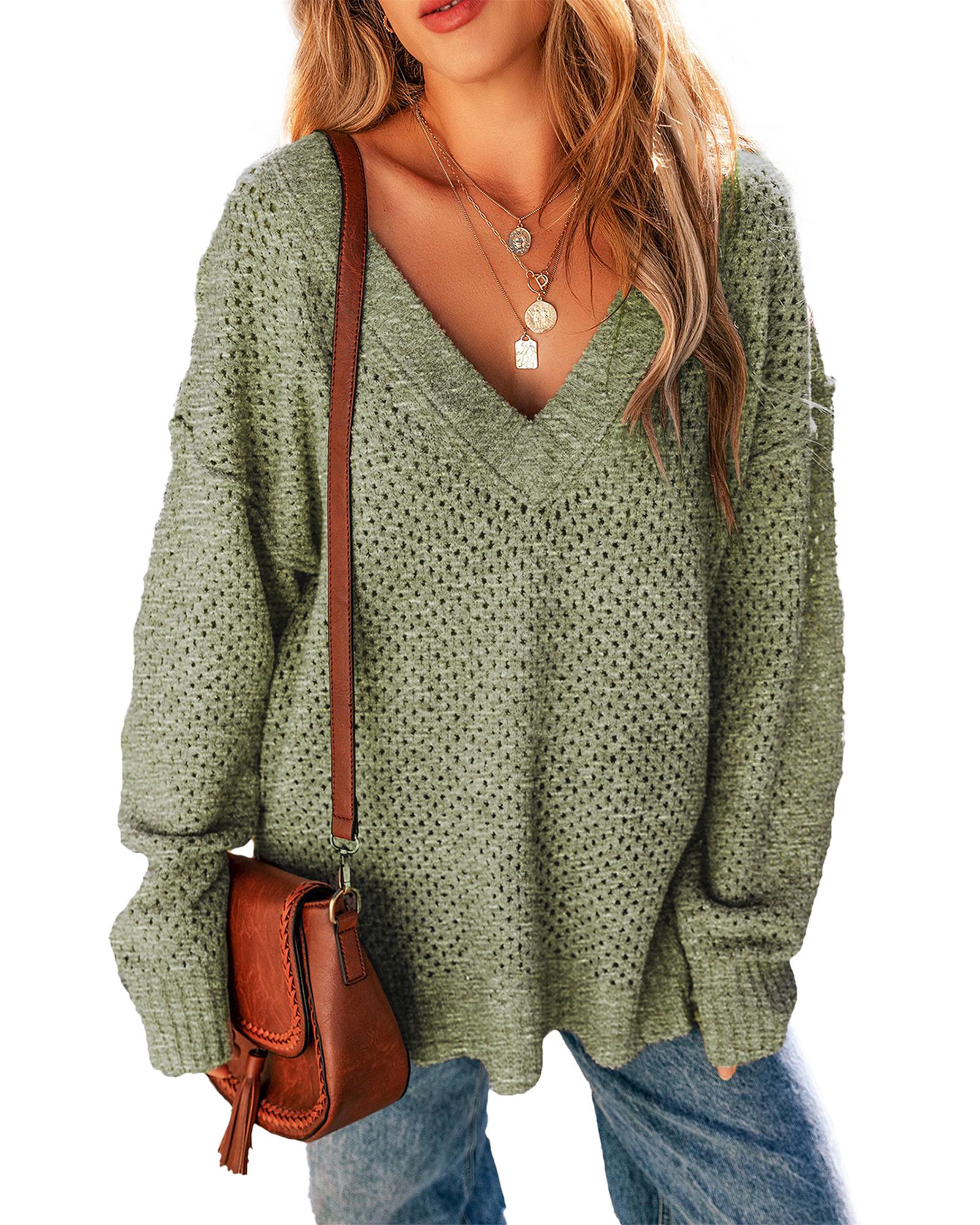 Jungle Green Loose Eyelet V Neck Drop Shoulder Sweater - XL