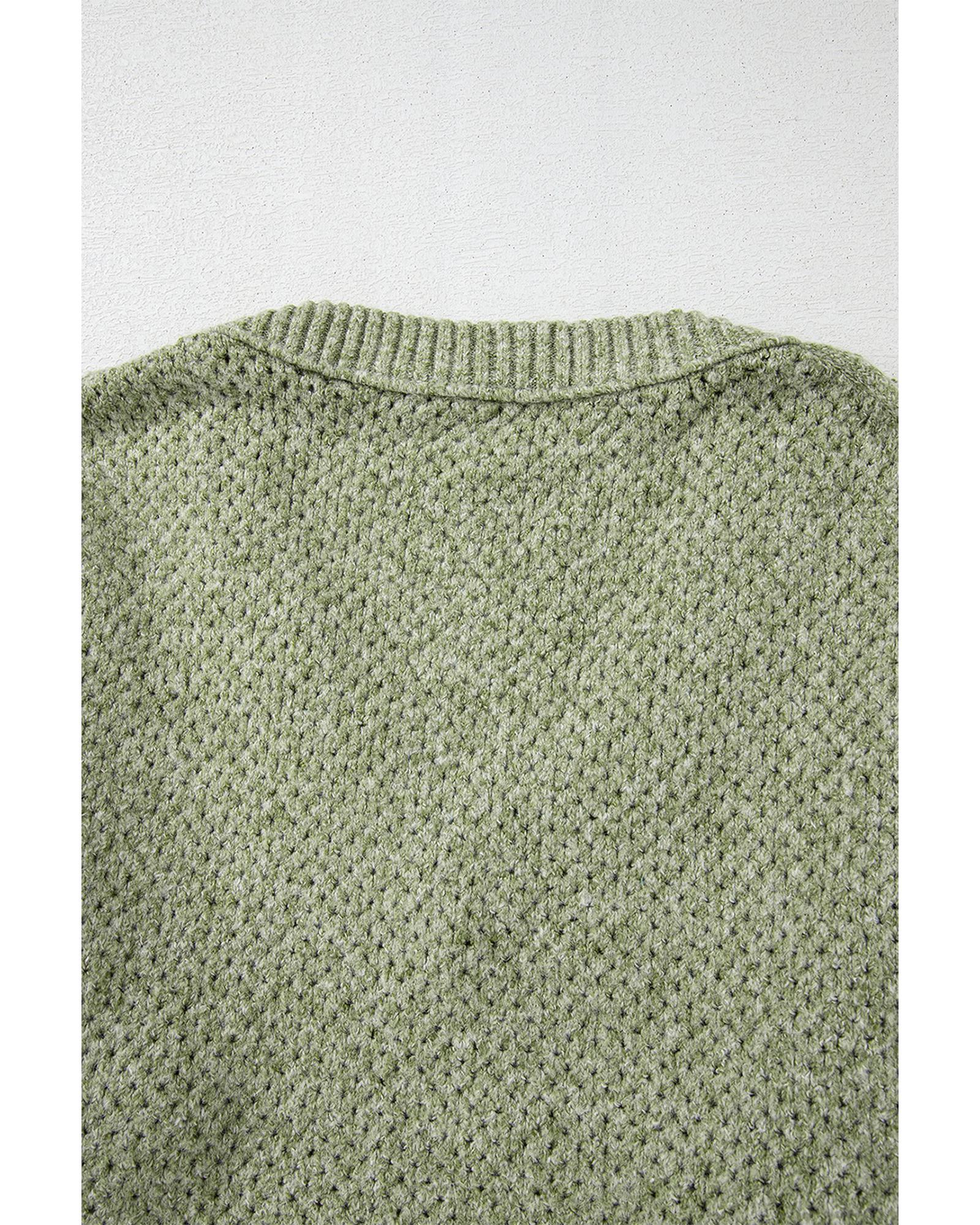 Jungle Green Loose Eyelet V Neck Drop Shoulder Sweater - XL