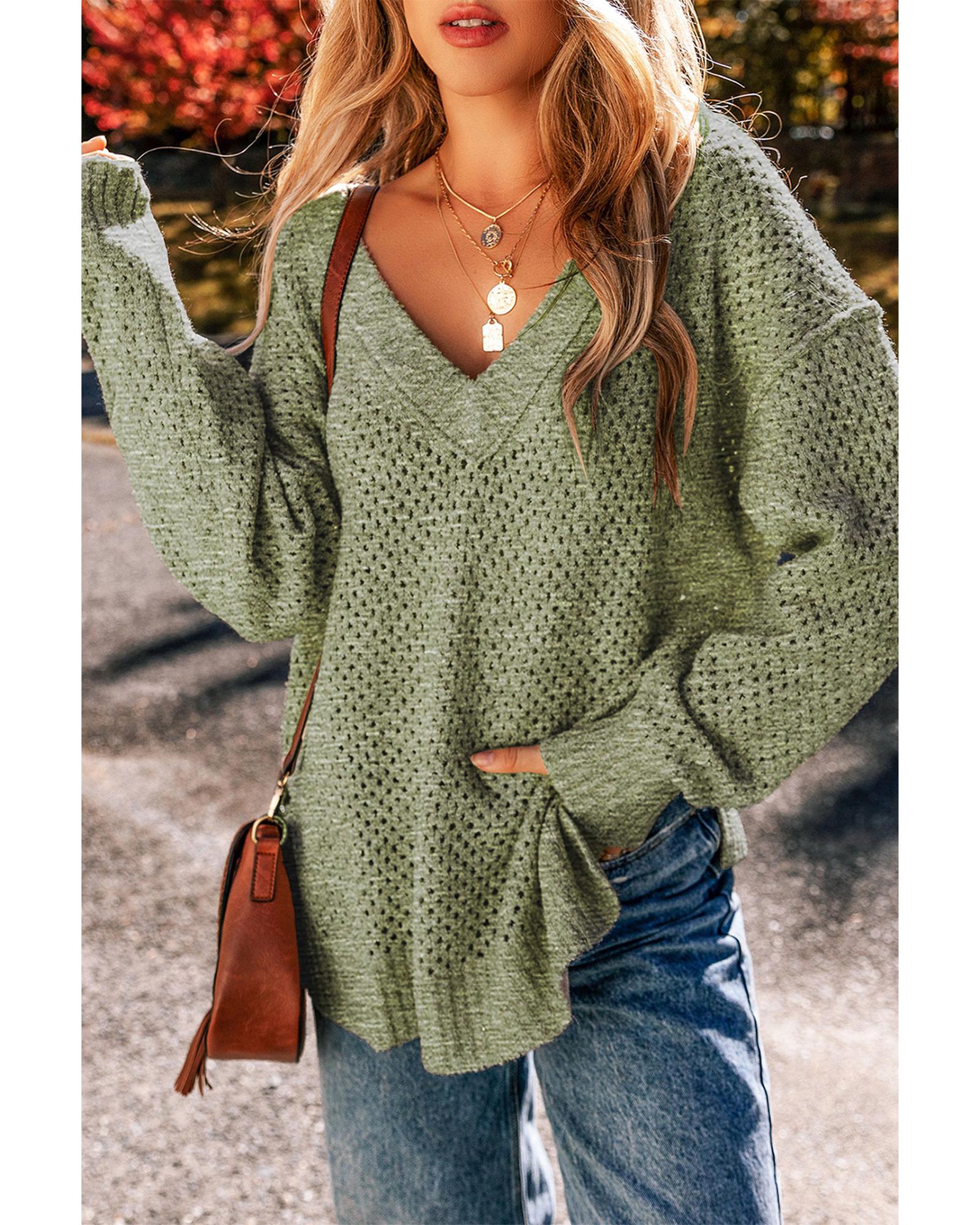 Jungle Green Loose Eyelet V Neck Drop Shoulder Sweater - XL
