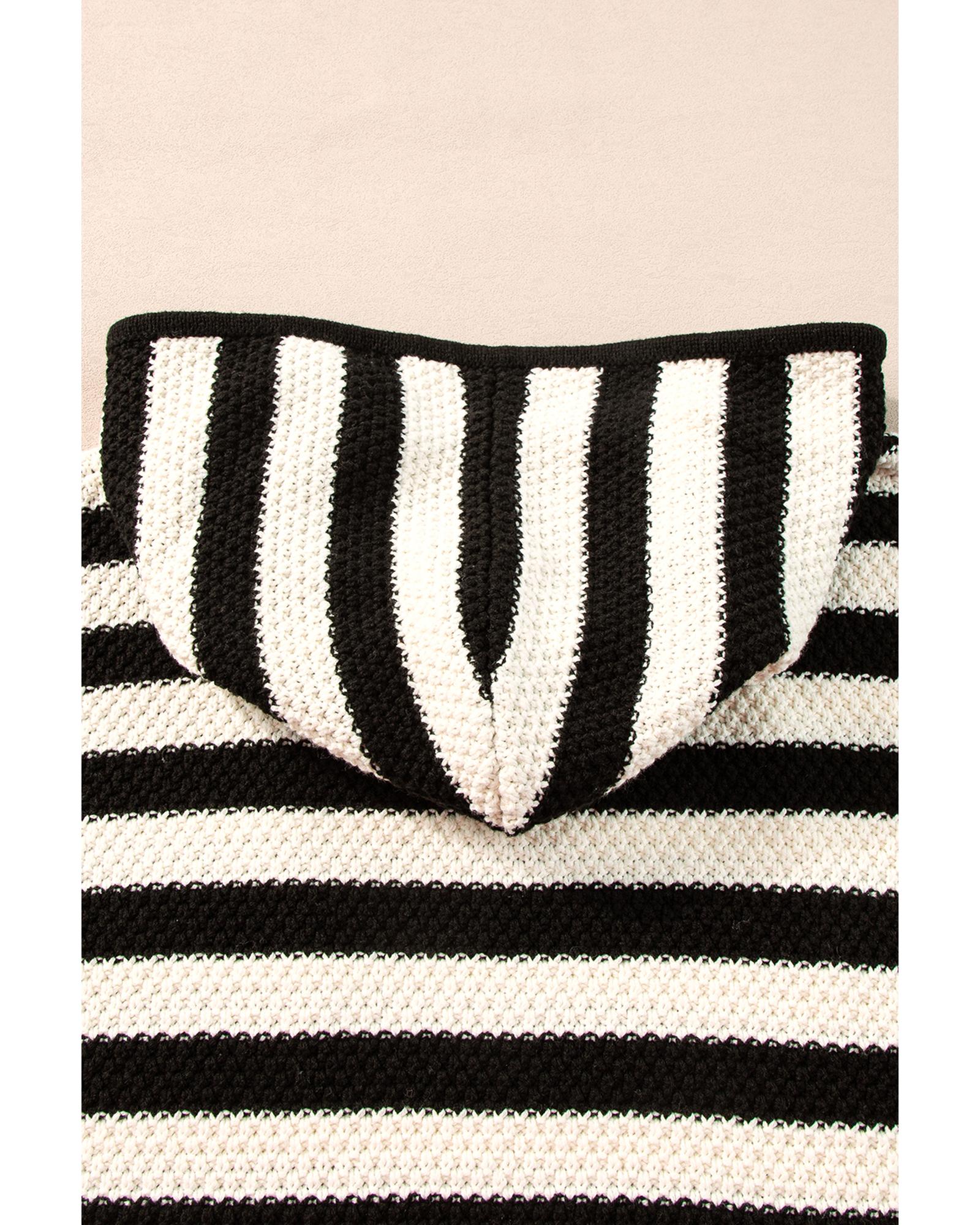 White Stripe V Neck Pocketed Drawstring Hooded Sweater - M