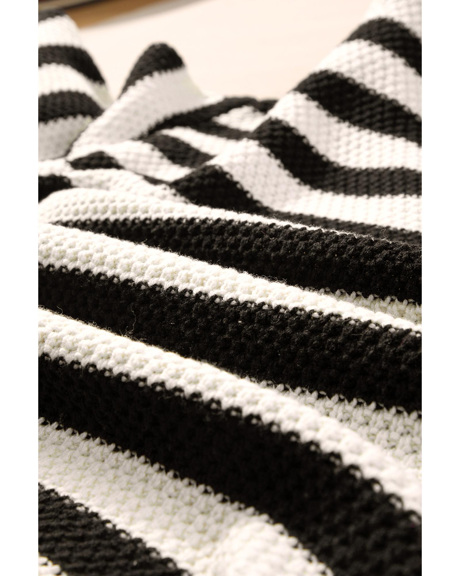 White Stripe V Neck Pocketed Drawstring Hooded Sweater - M