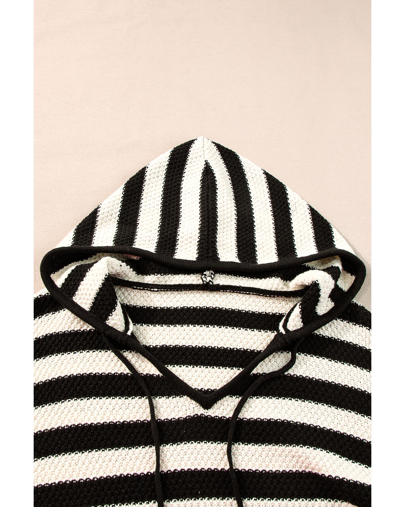 White Stripe V Neck Pocketed Drawstring Hooded Sweater - M