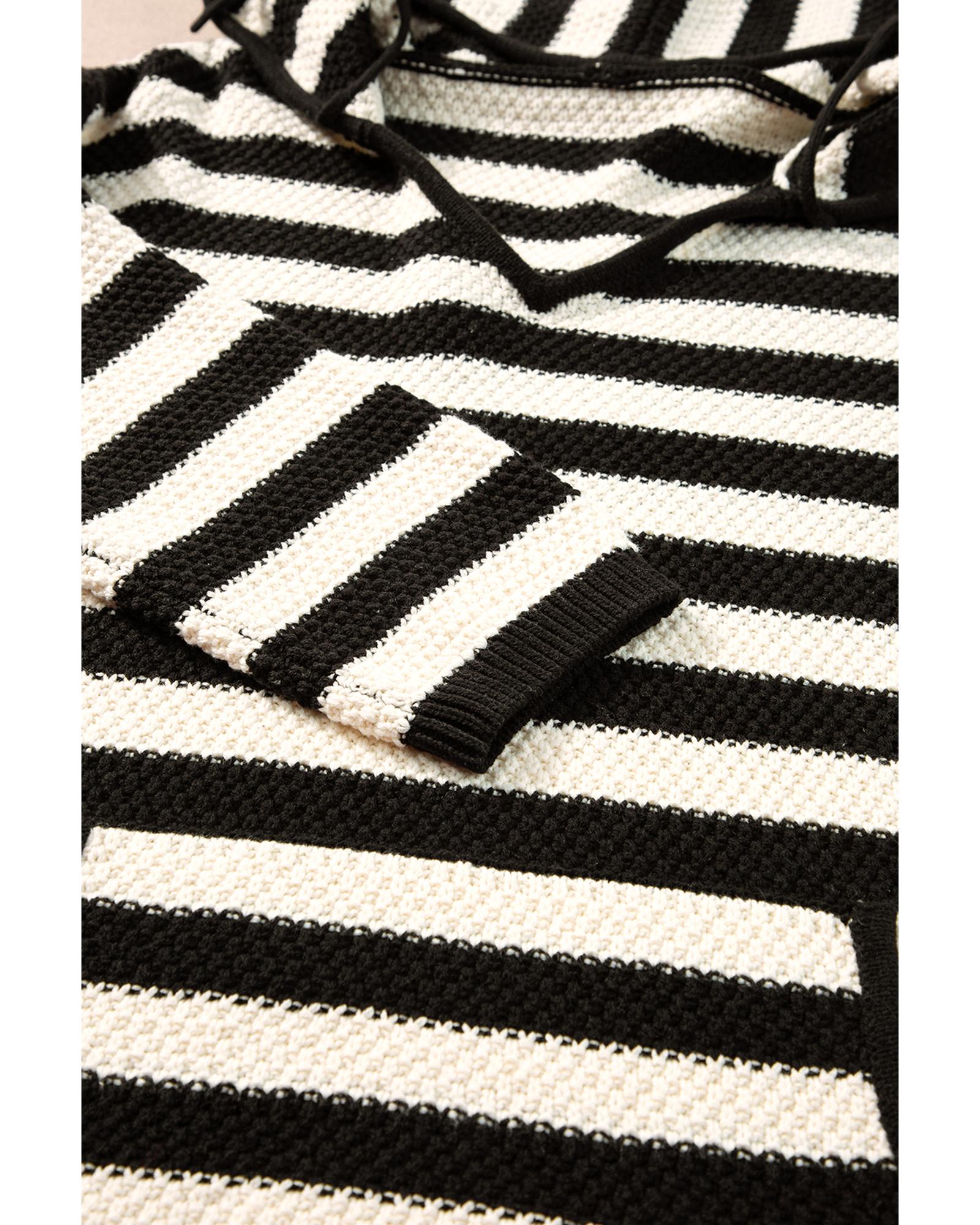 White Stripe V Neck Pocketed Drawstring Hooded Sweater - M
