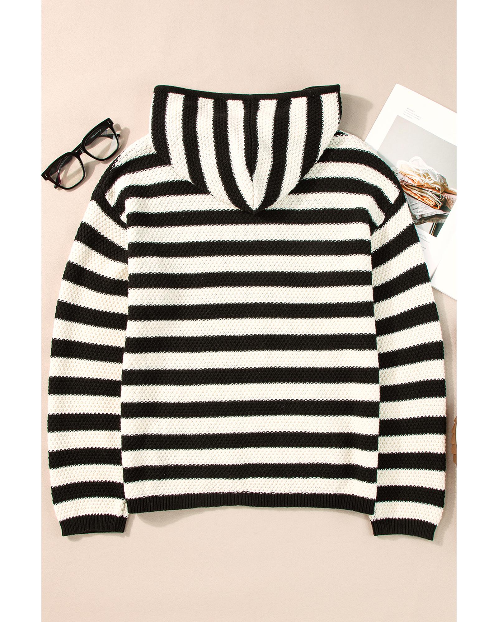 White Stripe V Neck Pocketed Drawstring Hooded Sweater - M
