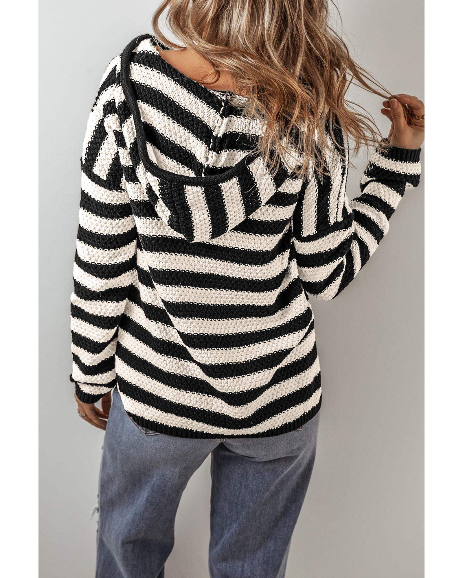 White Stripe V Neck Pocketed Drawstring Hooded Sweater - M