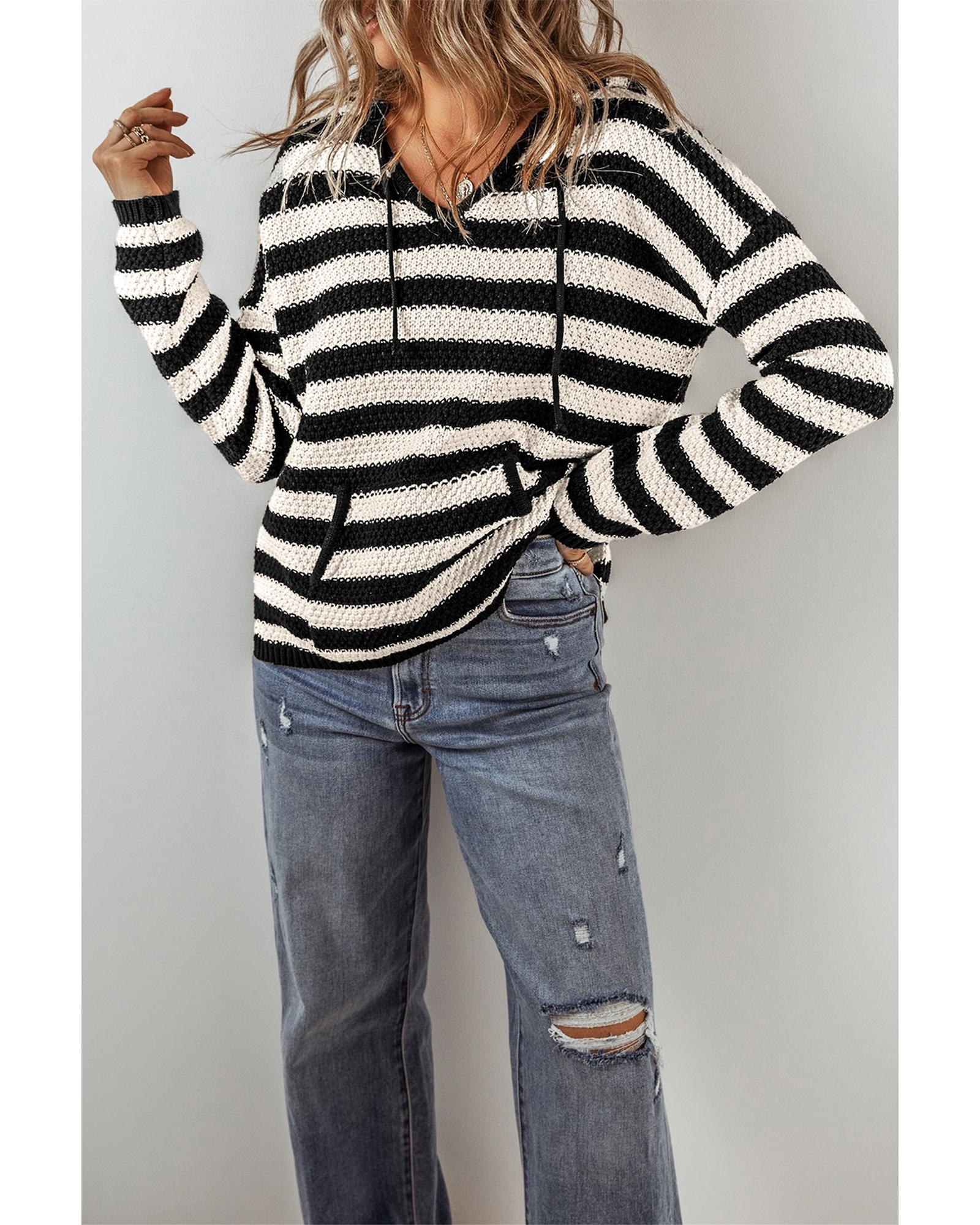 White Stripe V Neck Pocketed Drawstring Hooded Sweater - S